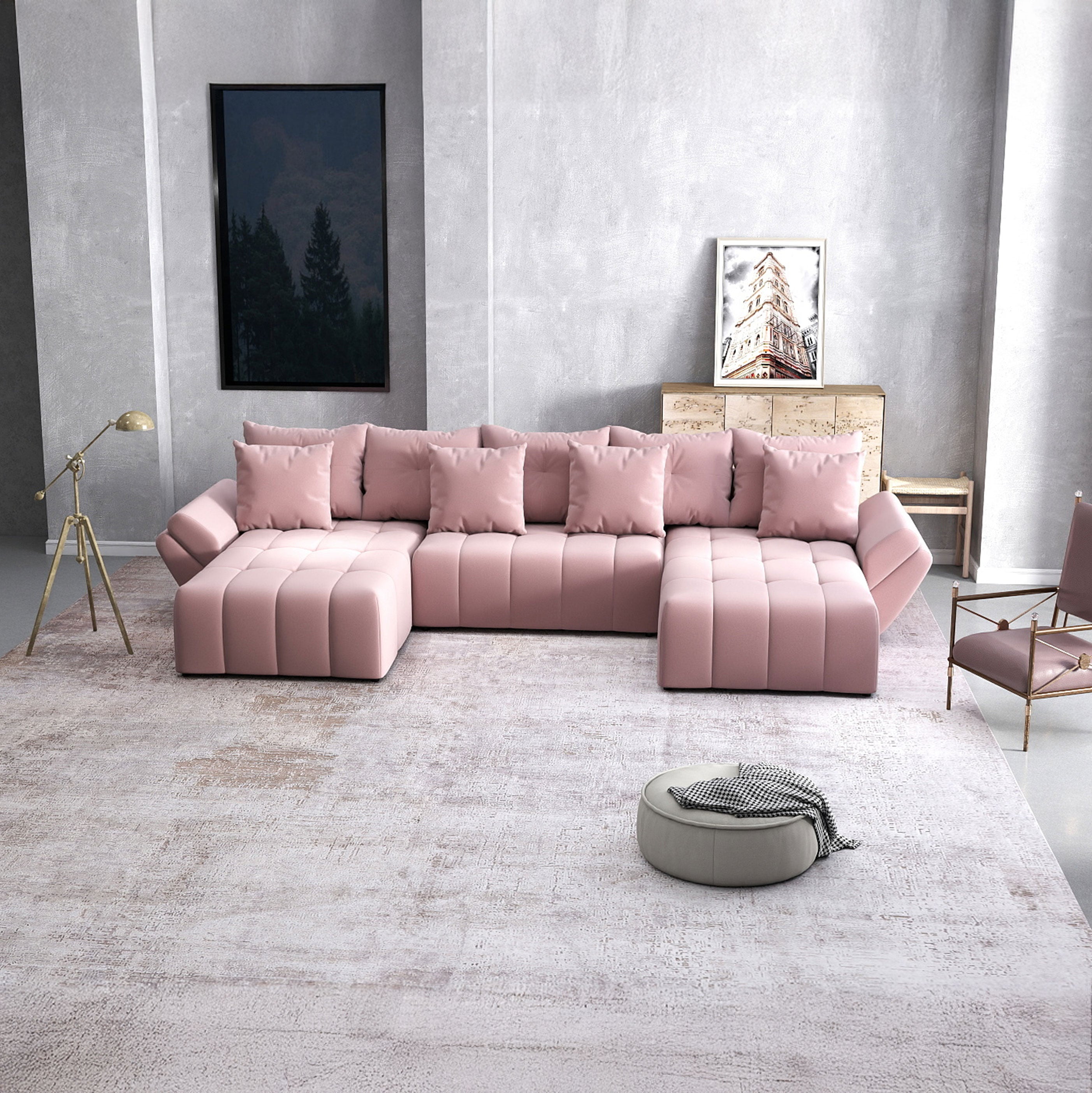 Colțar extensibil dumonde cu ladă de depozitare si sezut confortabil din spuma HR, Berlin U Royal Roz 380x180 cm Fabrica