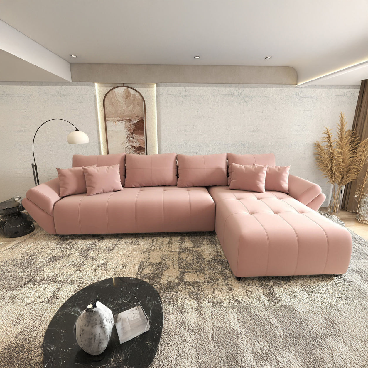 Colțar extensibil dumonde cu ladă de depozitare si sezut confortabil din spuma HR, Berlin XL Royal Roz 350x185 cm II