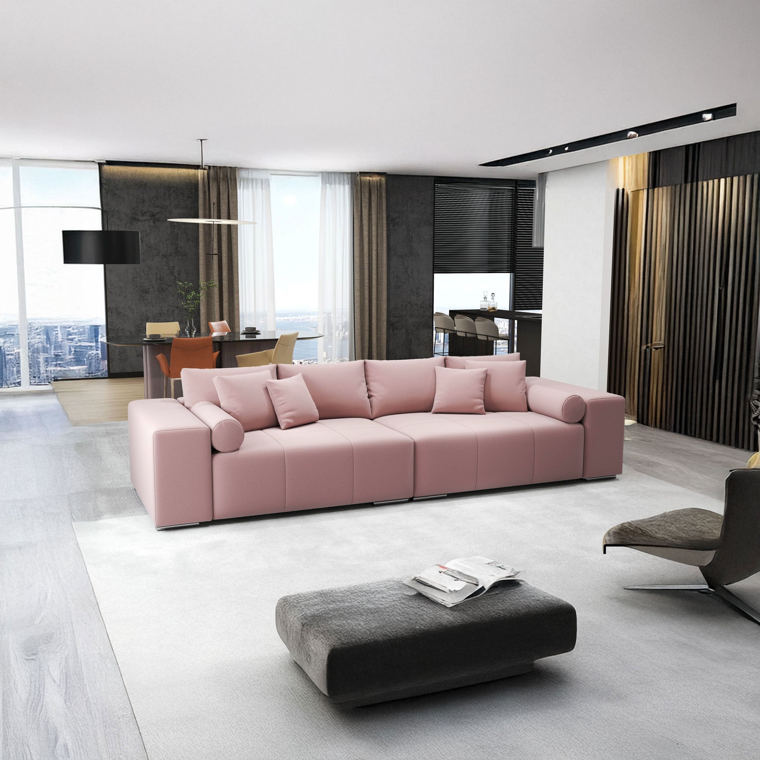 Canapea extensibilă dumonde cu ladă de depozitare si sezut confortabil din spuma HR, Marbela Royal Roz XXL 295x100 cm fabrica