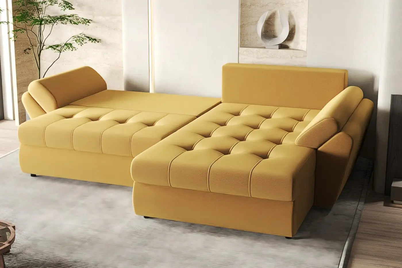 Colțar extensibil dumonde cu ladă de depozitare si sezut confortabil din spuma HR, Loana Muștar II 270x185 cm Fabrica