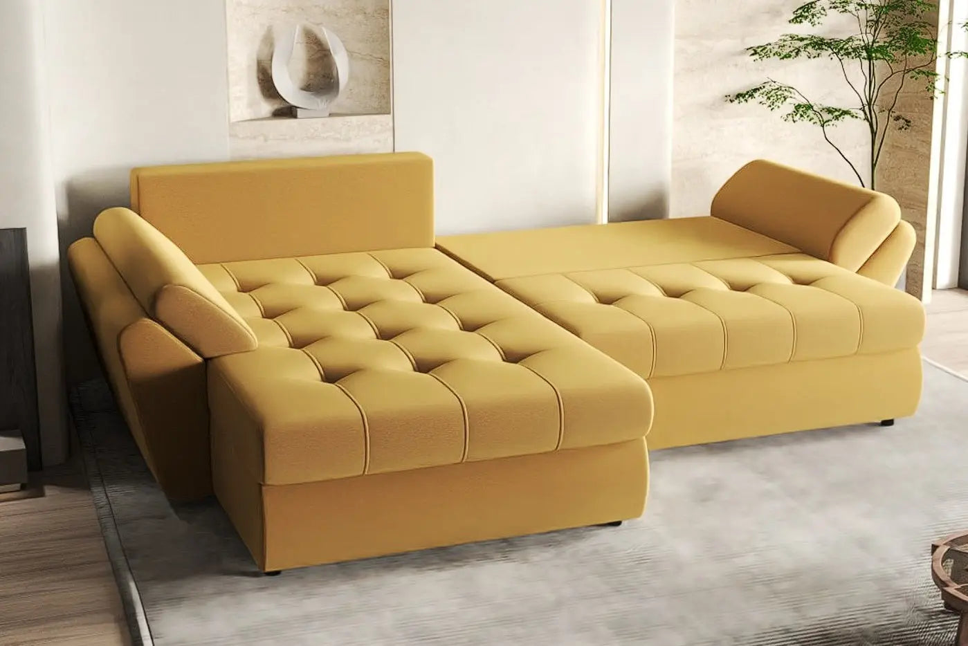 Colțar extensibil dumonde cu ladă de depozitare si sezut confortabil din spuma HR, Loana Muștar 270x185 cm Fabrica