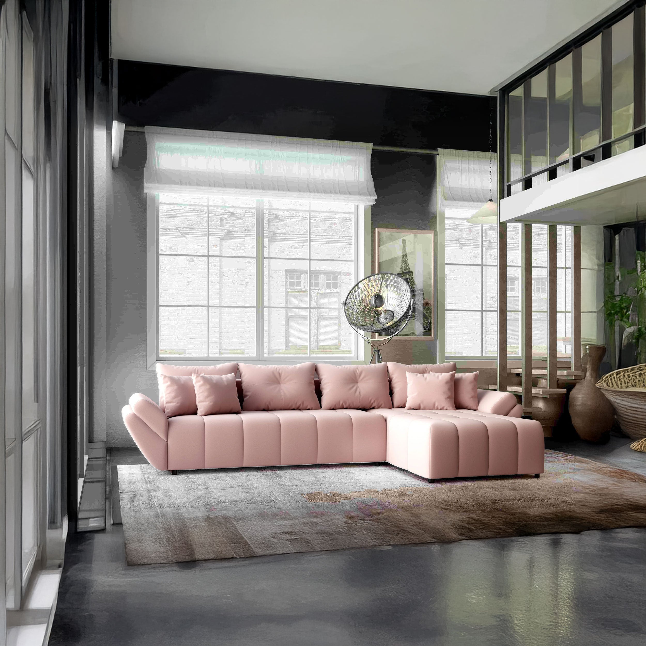 Colțar extensibil dumonde cu ladă de depozitare si sezut confortabil din spuma HR, Berlin XL Royal Roz 350x185 cm II Fabrica