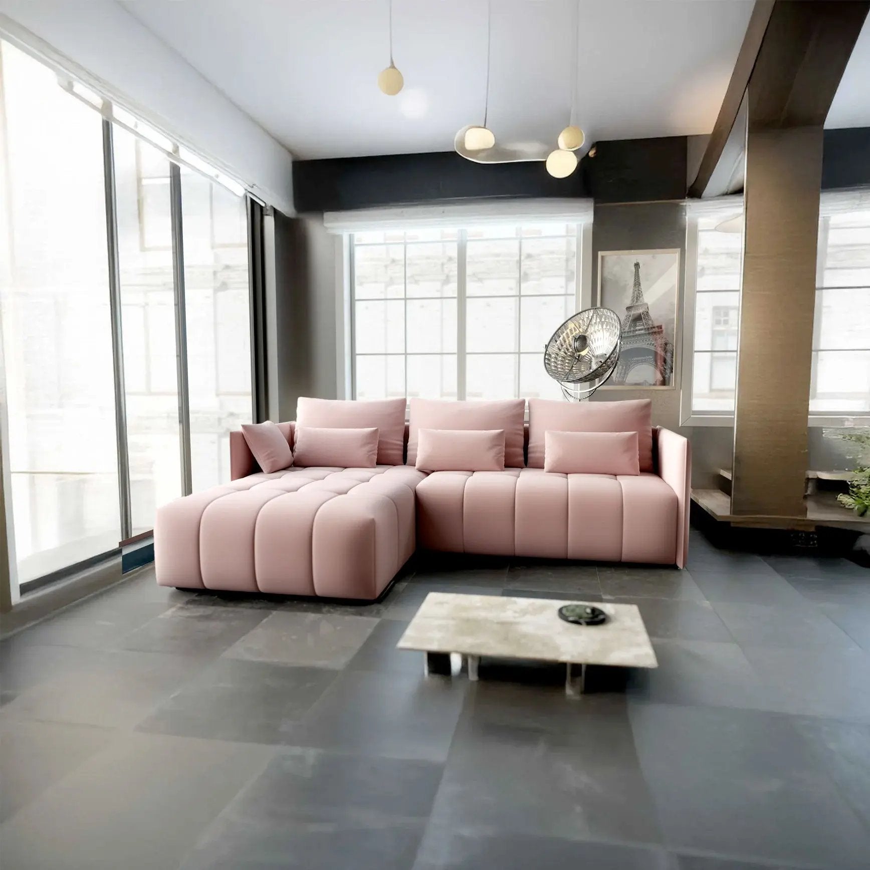 Colțar extensibil dumonde cu ladă de depozitare si sezut confortabil din spuma HR, Malta Royal Roz 235x185 cm Fabrica