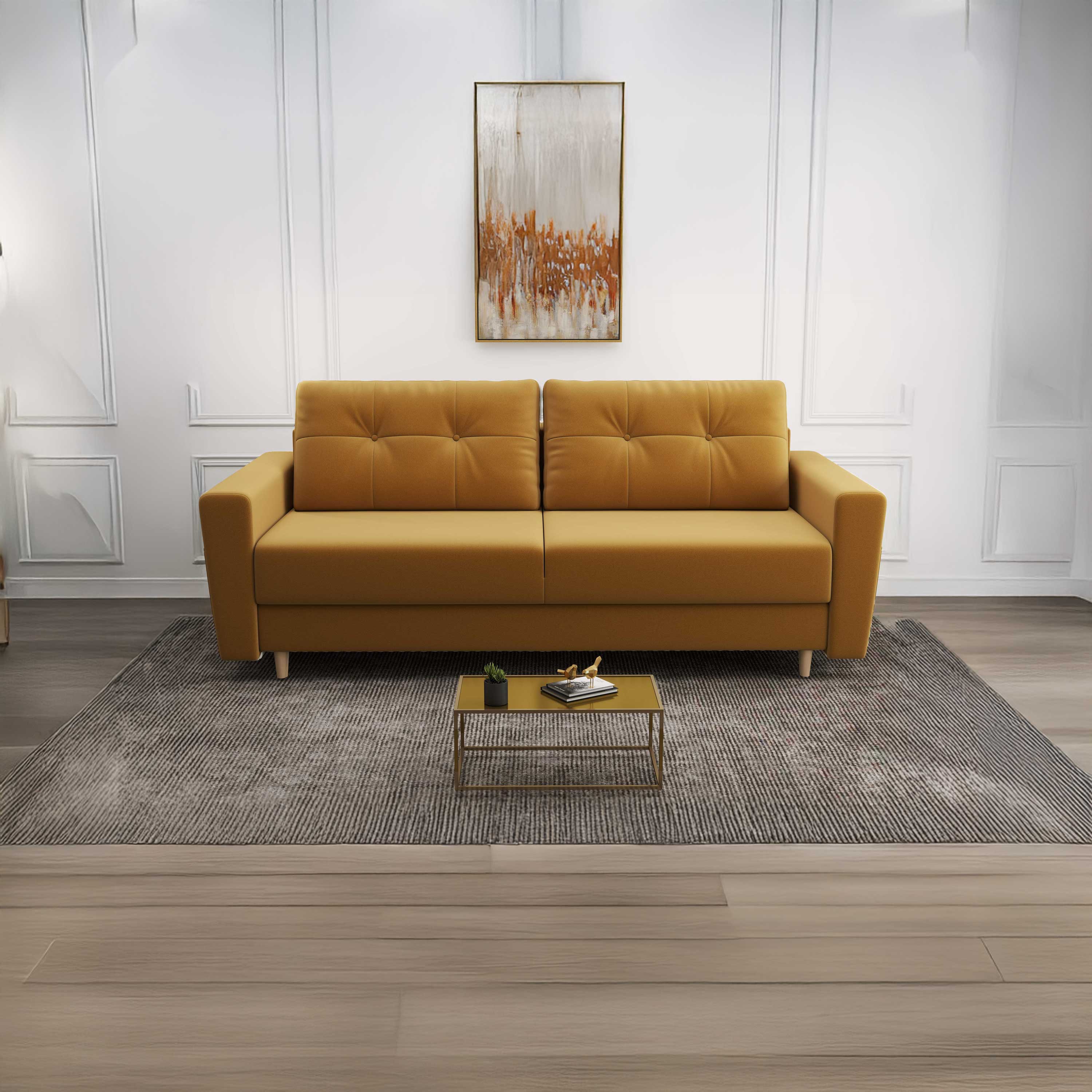 Canapea extensibilă dumonde cu ladă de depozitare si sezut confortabil din spuma HR, Summer Royal Mustar 225x100 cm