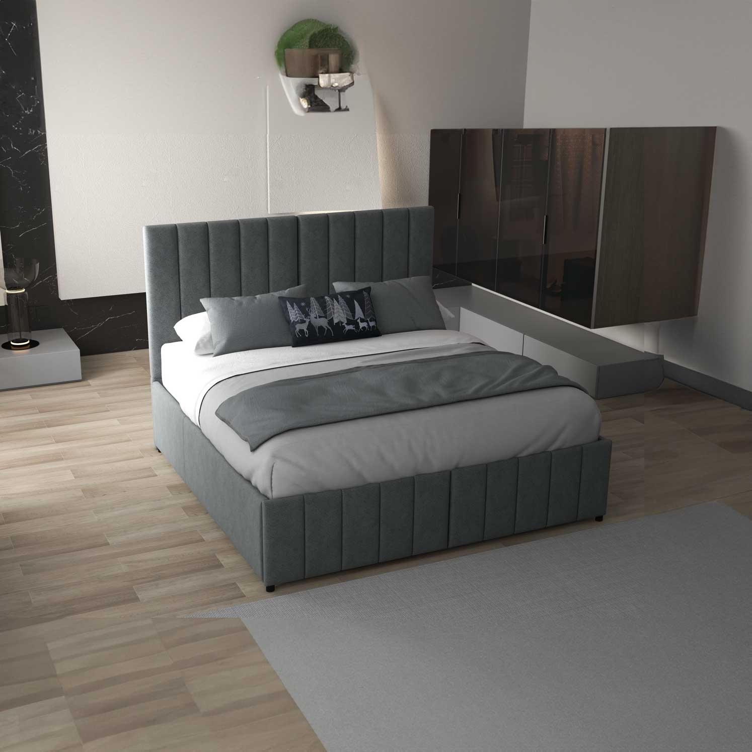 Pat dormitor dumonde, tapitat gri, Santiago 180x200 cm, somiera rabatabila inclusa, spatiu depozitare WLS