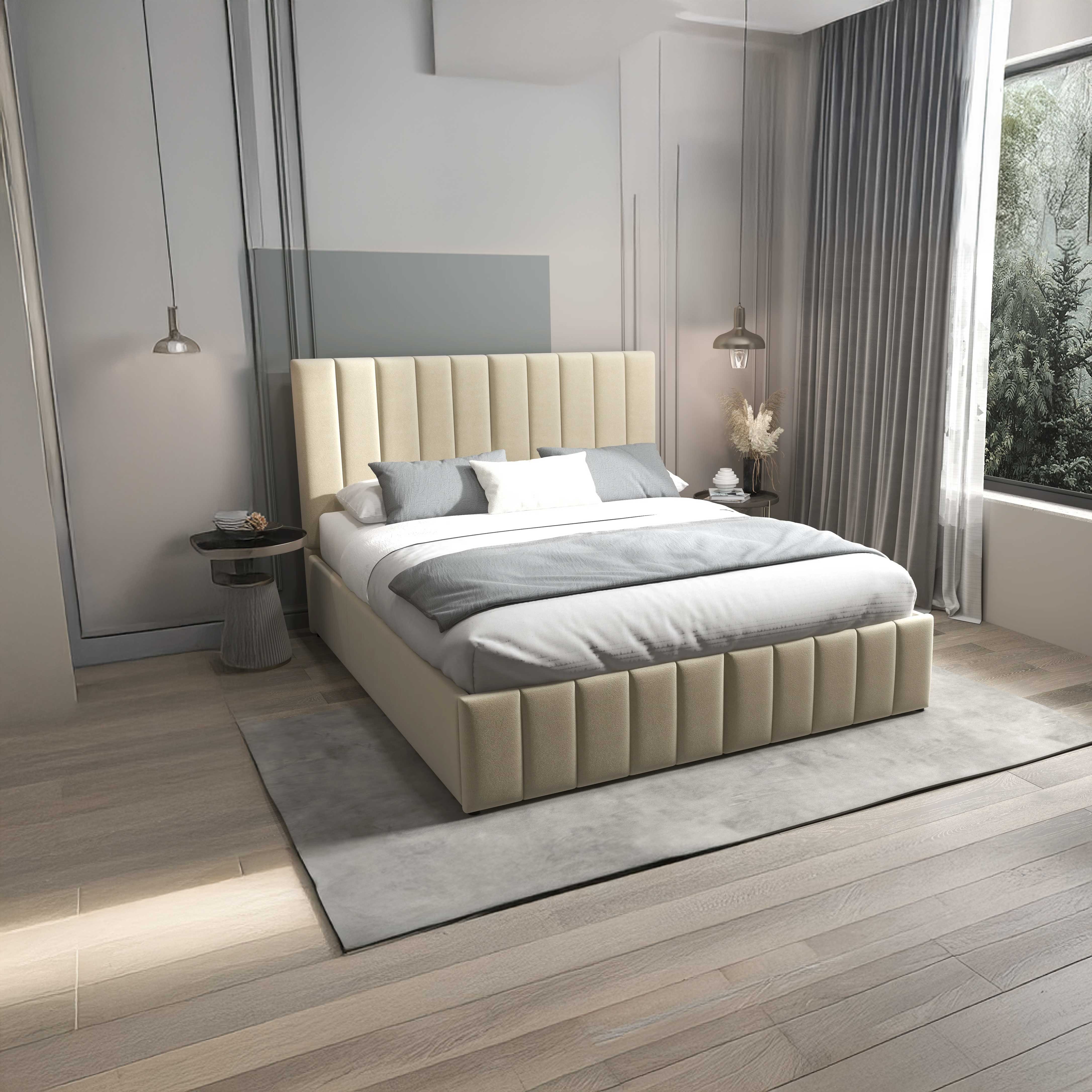 Pat dormitor dumonde, tapitat bej, Santiago 160x200 cm, somiera rabatabila inclusa, spatiu depozitare WLS