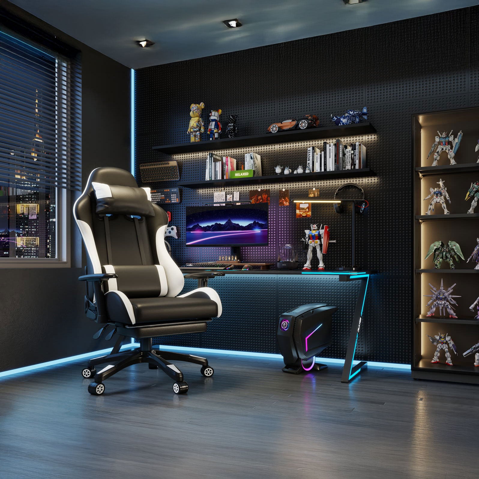 Scaun gaming Dumonde RAVEN X, mecanism multifuncțional, ecopiele, suport picioare, negru