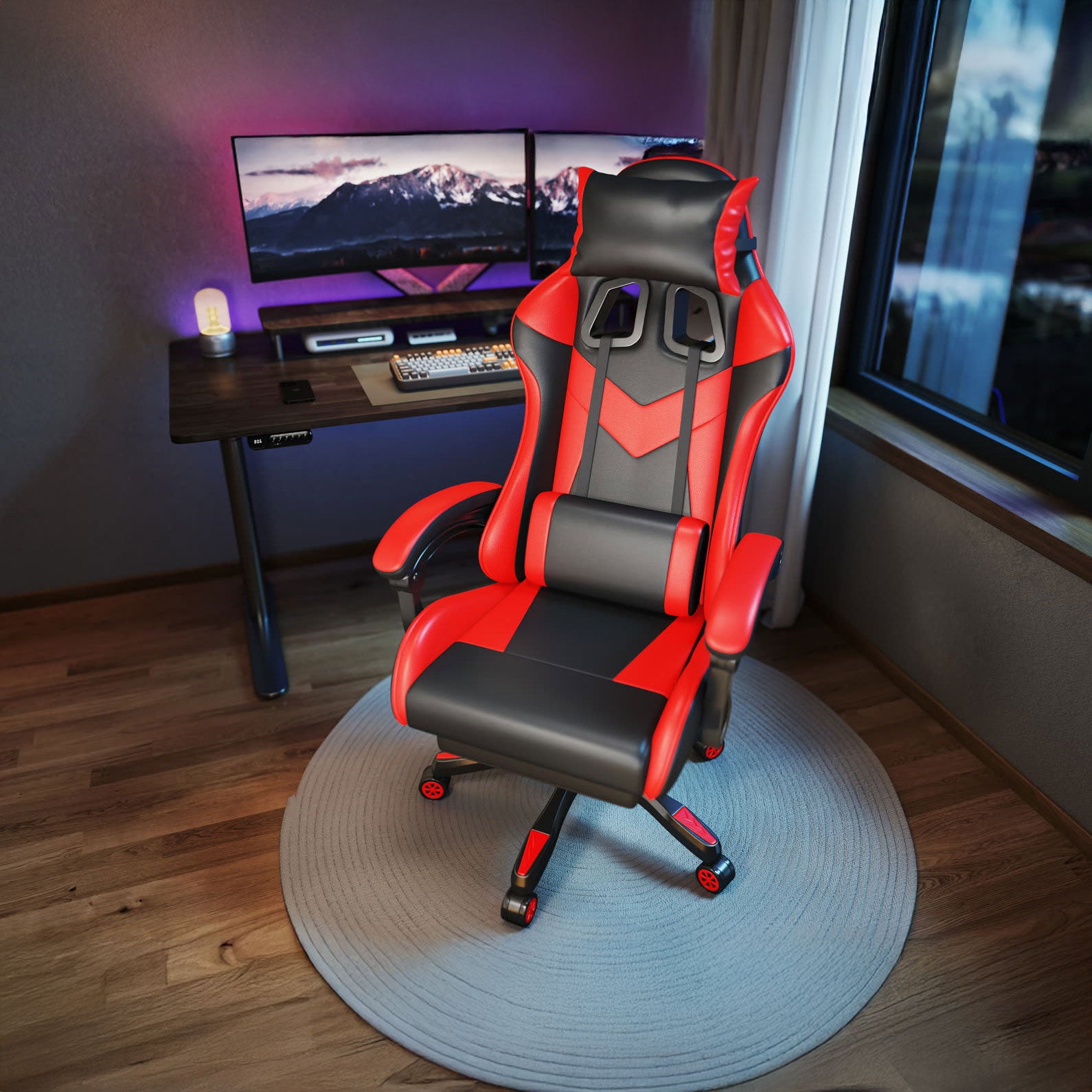 Scaun gaming Dumonde EXODUS, mecanism multifuncțional, ecopiele, suport picioare, rosu/negru