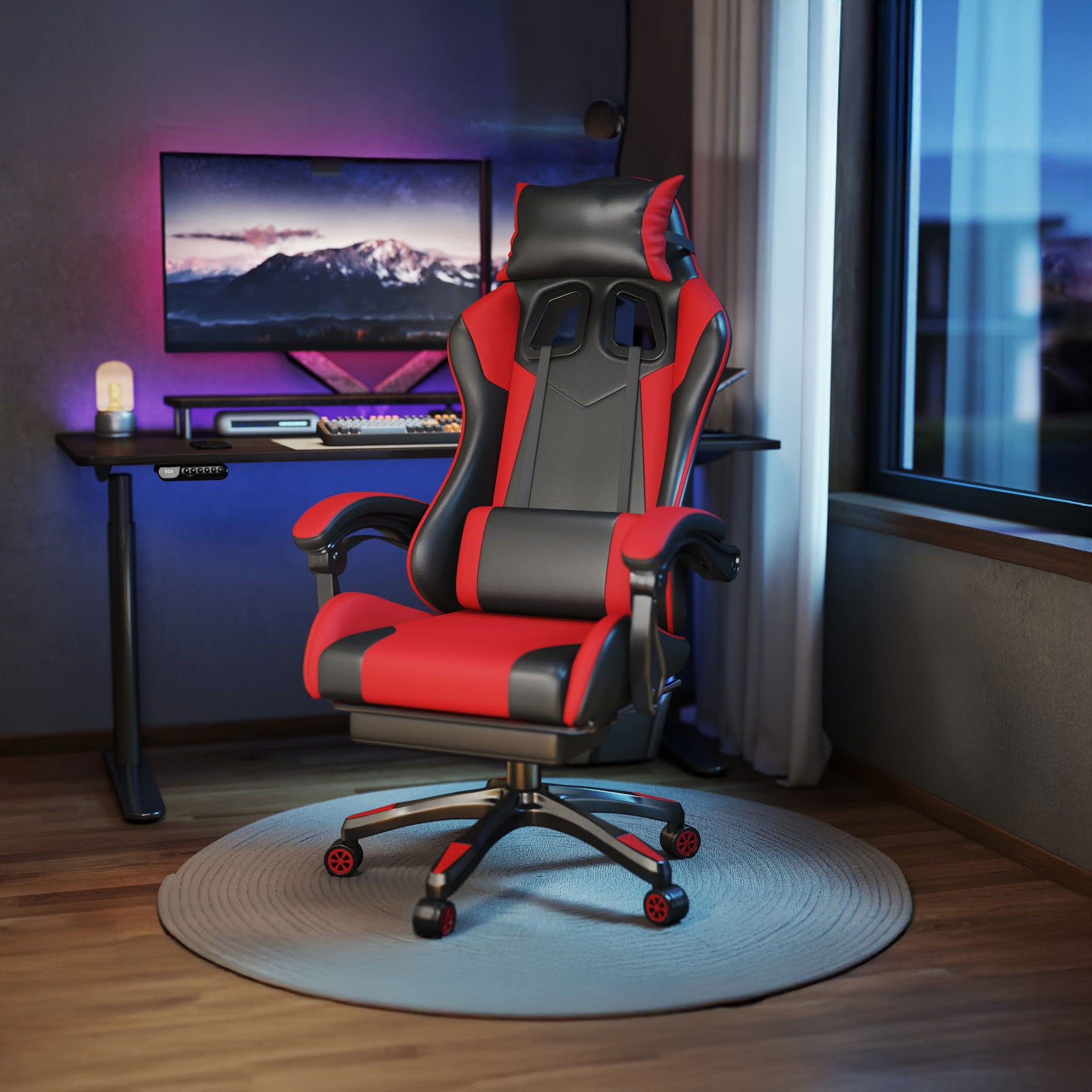 Scaun gaming Dumonde PHANTOM, mecanism multifuncțional, ecopiele, suport picioare, rosu/negru