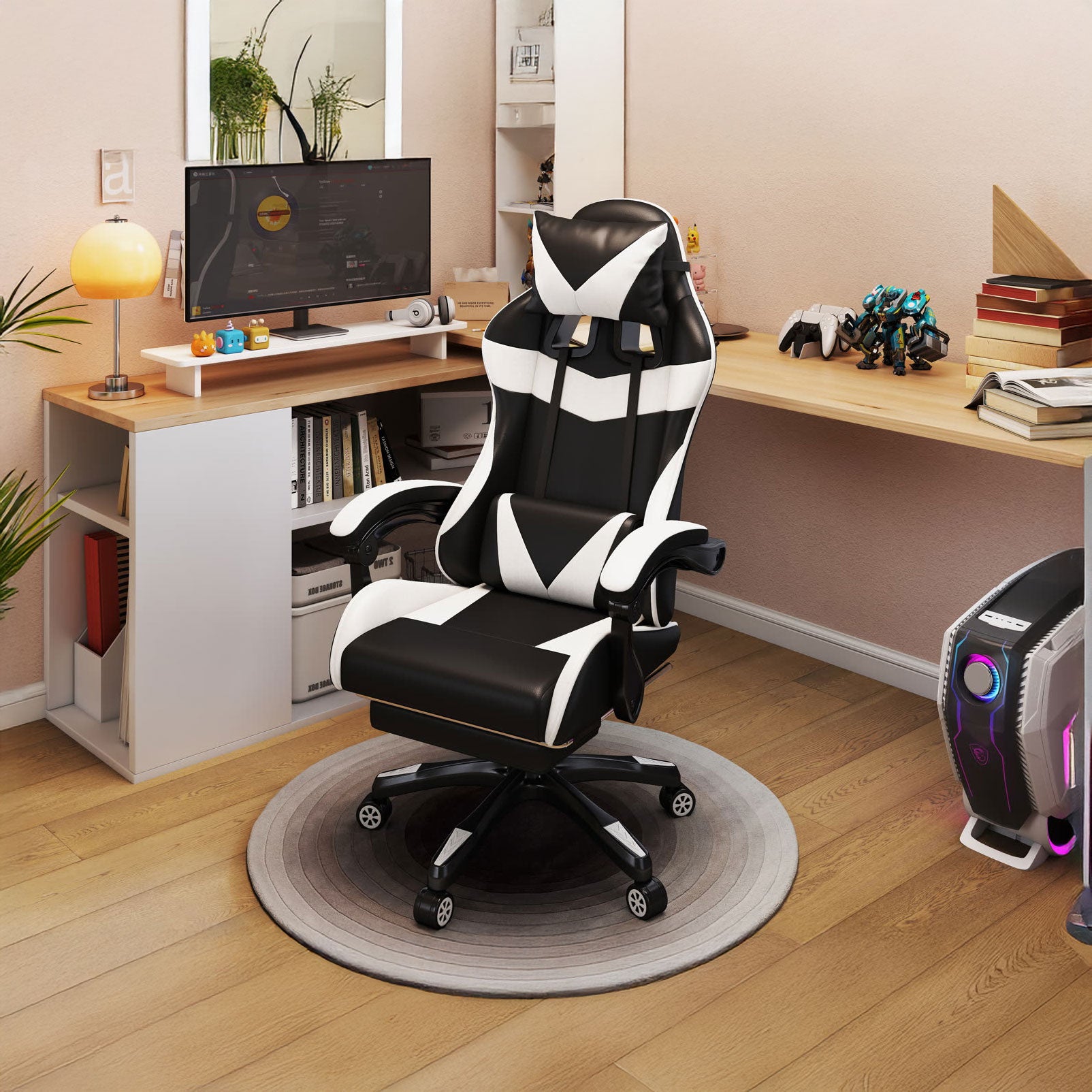 Scaun gaming Dumonde HELLION, mecanism multifuncțional, ecopiele, suport picioare, alb/negru