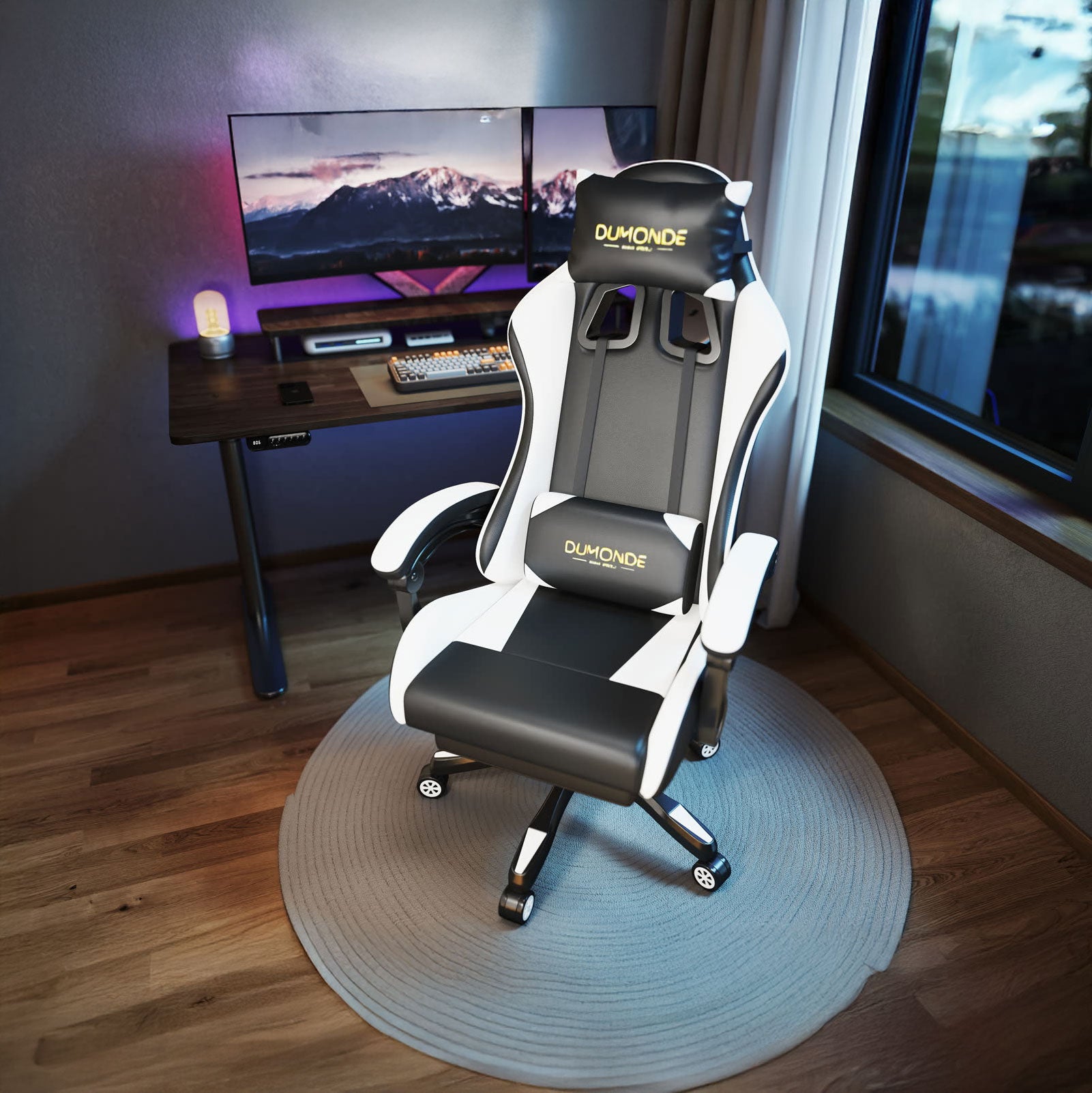 Scaun gaming Dumonde NIGHTFAL, mecanism multifuncțional, ecopiele, suport picioare, alb/negru