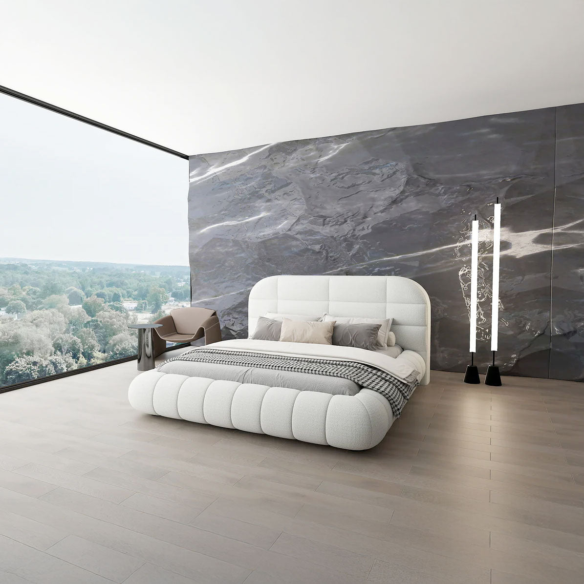 Pat dormitor dumonde, tapitat alb, Senso 160x200 cm, somiera rabatabila inclusa, spatiu depozitare