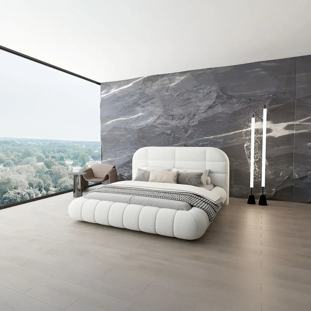 Pat dormitor dumonde, tapitat alb, Senso 160x200 cm, somiera rabatabila inclusa, spatiu depozitare WLS