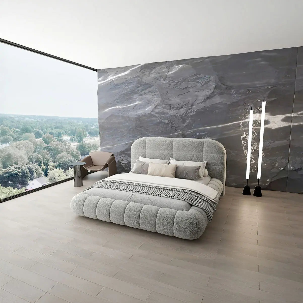 Pat dormitor dumonde, tapitat gri, Senso 160x200 cm, somiera rabatabila inclusa, spatiu depozitare WLS