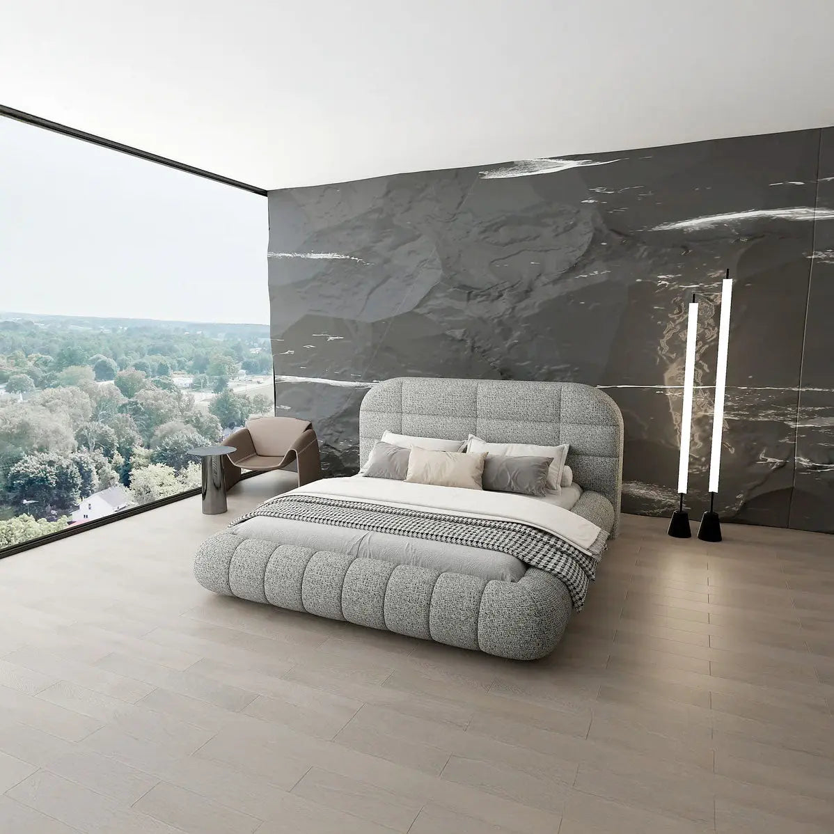 Pat dormitor dumonde, tapitat gri, Senso 180x200 cm, somiera rabatabila inclusa, spatiu depozitare WLS