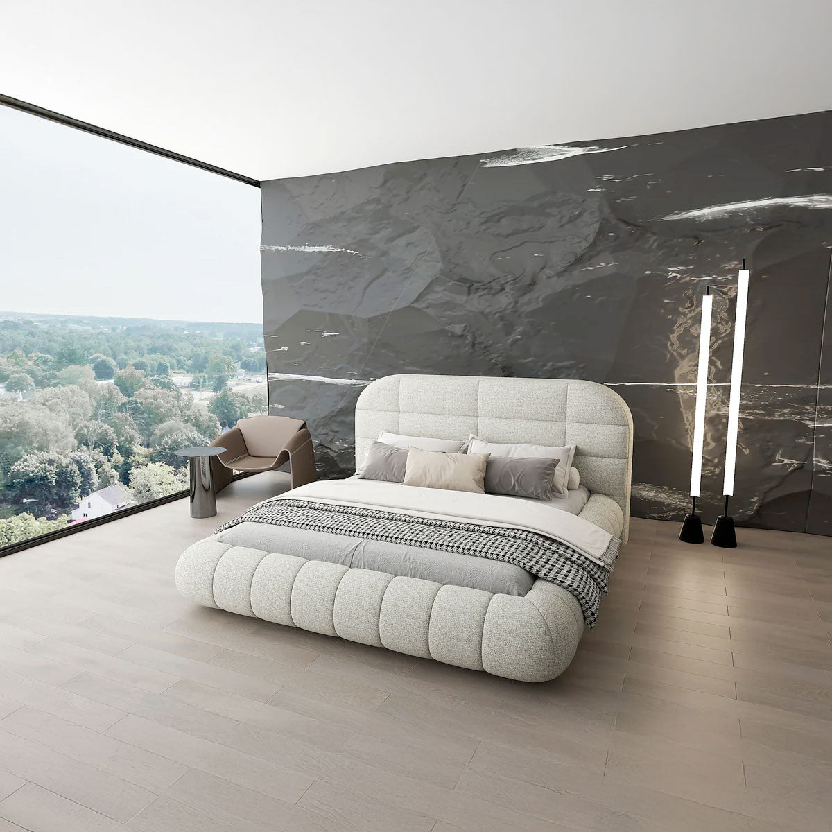 Pat dormitor dumonde, tapitat bej, Senso 180x200 cm, somiera rabatabila inclusa, spatiu depozitare