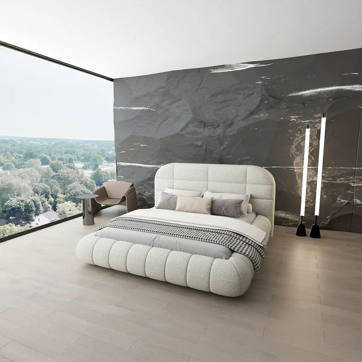 Pat dormitor dumonde, tapitat bej, Senso 180x200 cm, somiera rabatabila inclusa, spatiu depozitare WLS