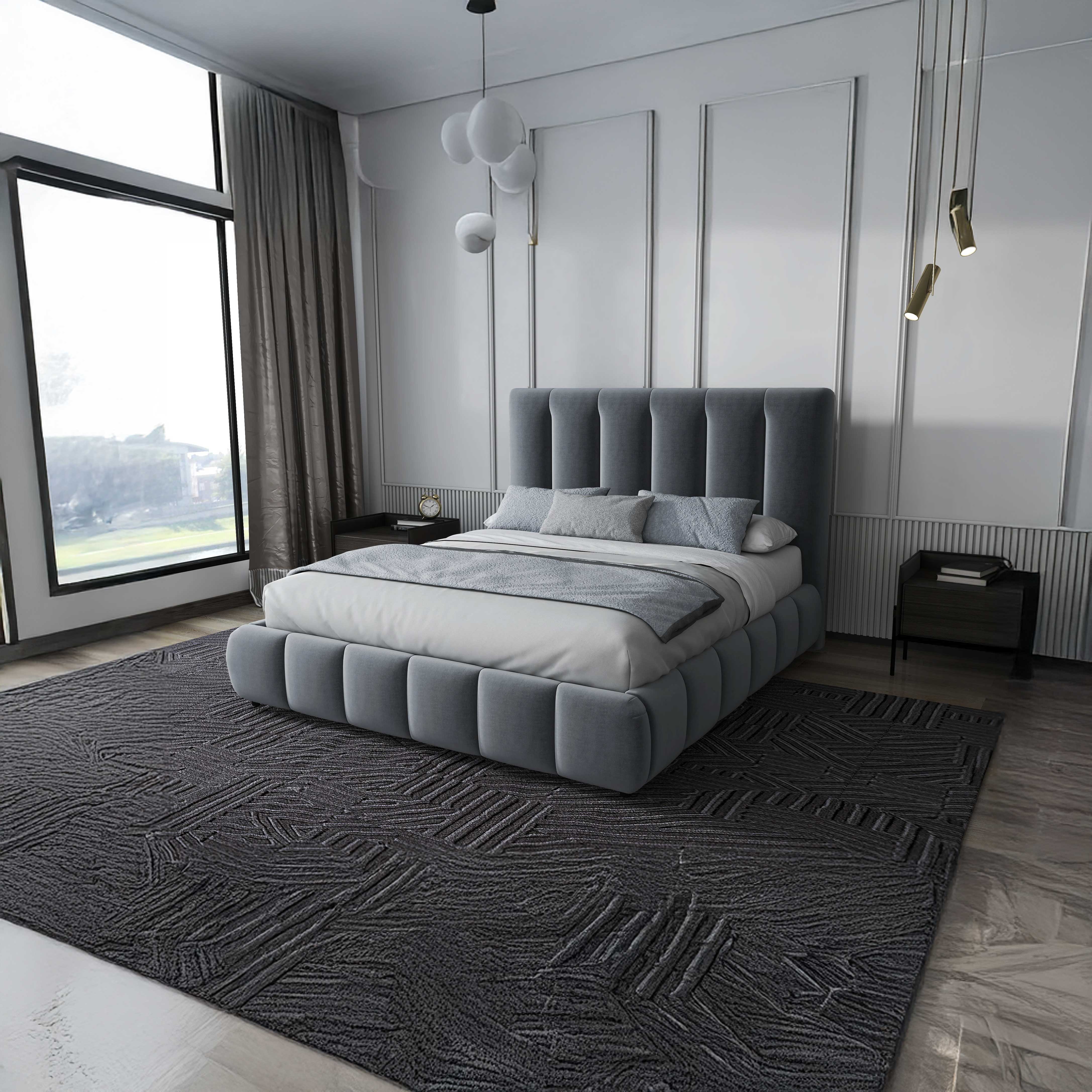 Pat dormitor dumonde, tapitat gri, Divaneo 180x200 cm, somiera rabatabila inclusa, spatiu depozitare WLS