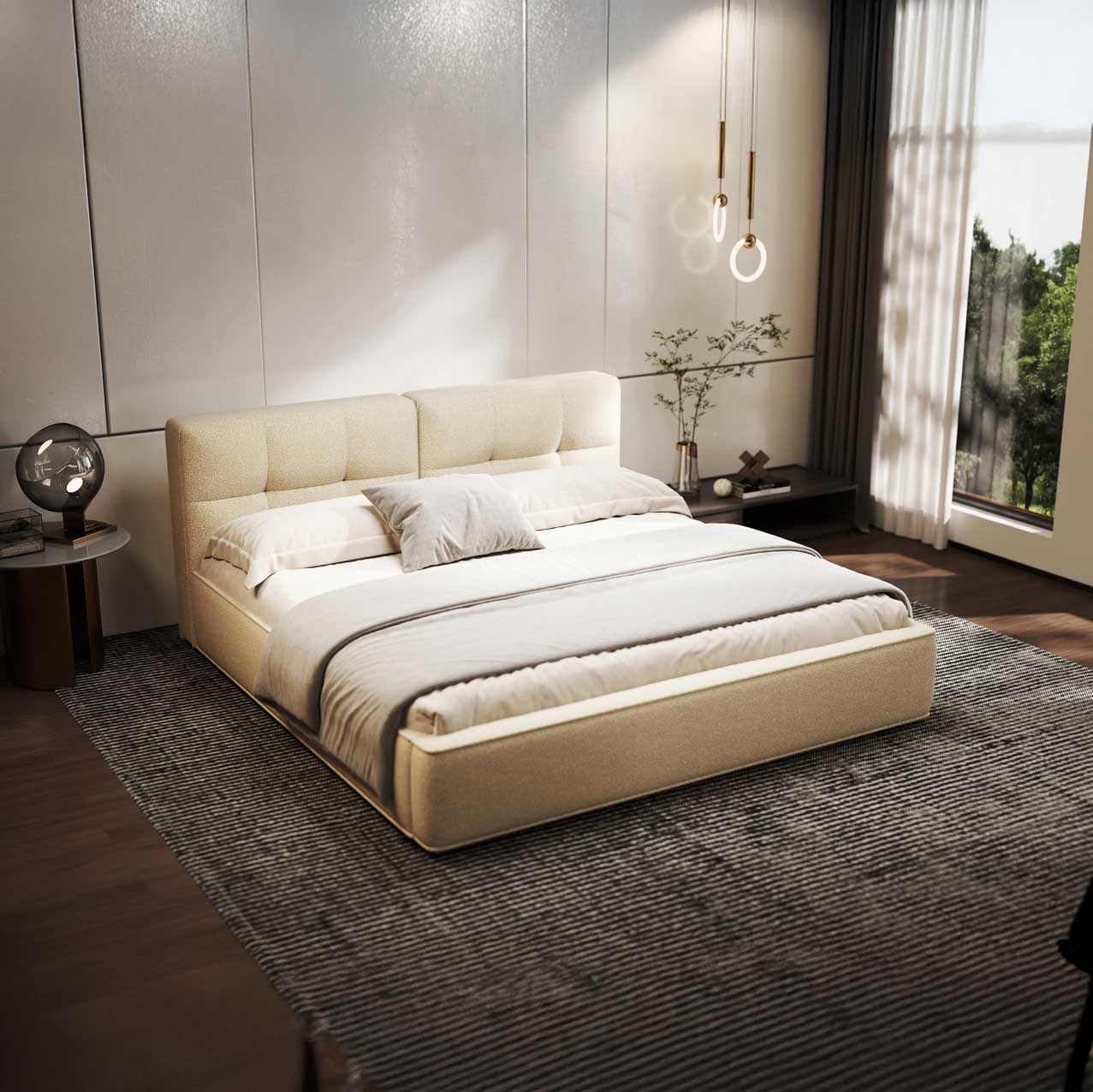 Pat dormitor dumonde, tapitat bej, Madrid 160x200 cm, somiera rabatabila inclusa, spatiu depozitare WLS