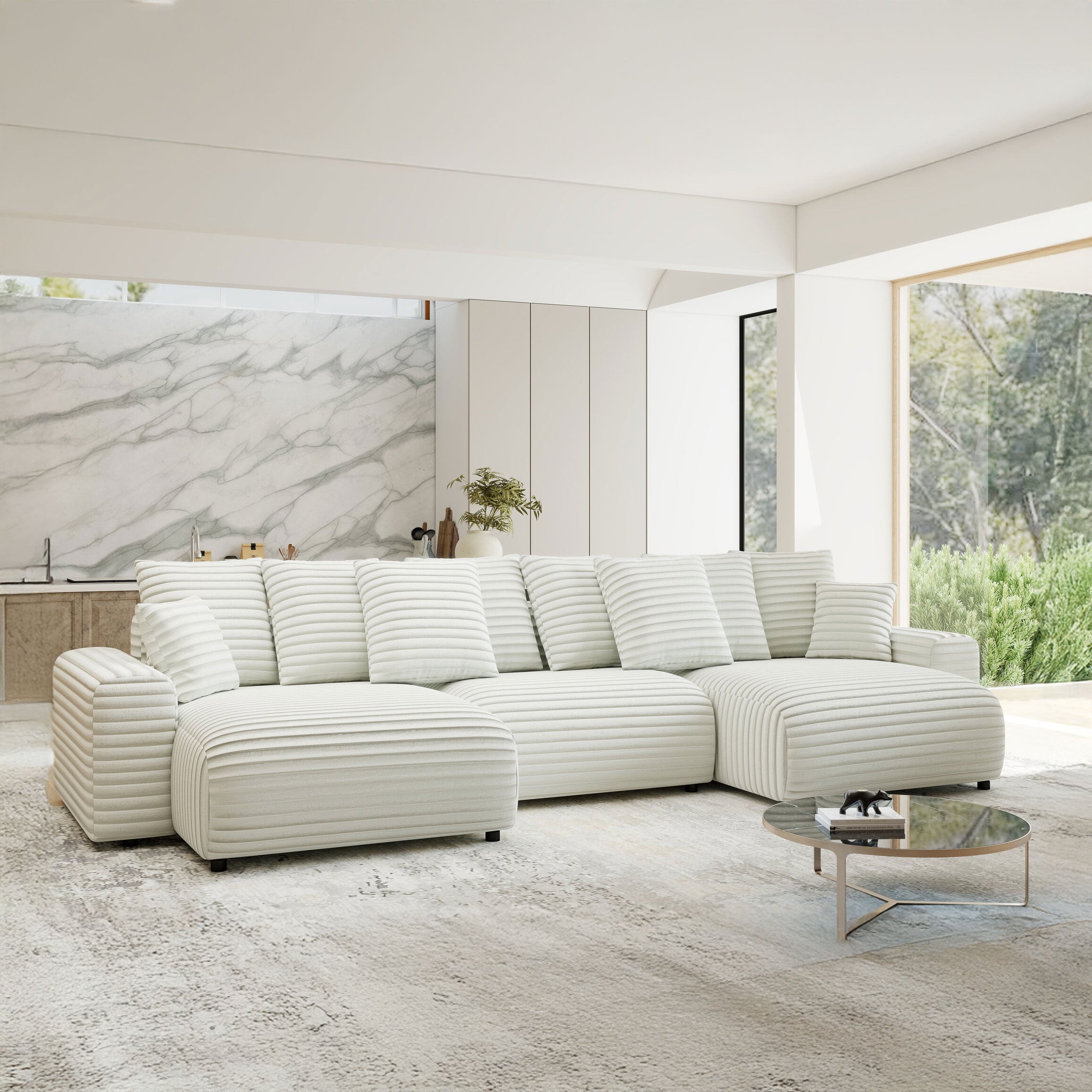 Colțar extensibil dumonde cu ladă de depozitare si sezut confortabil din spuma HR, Luma U Ambience Alb 336x140 cm