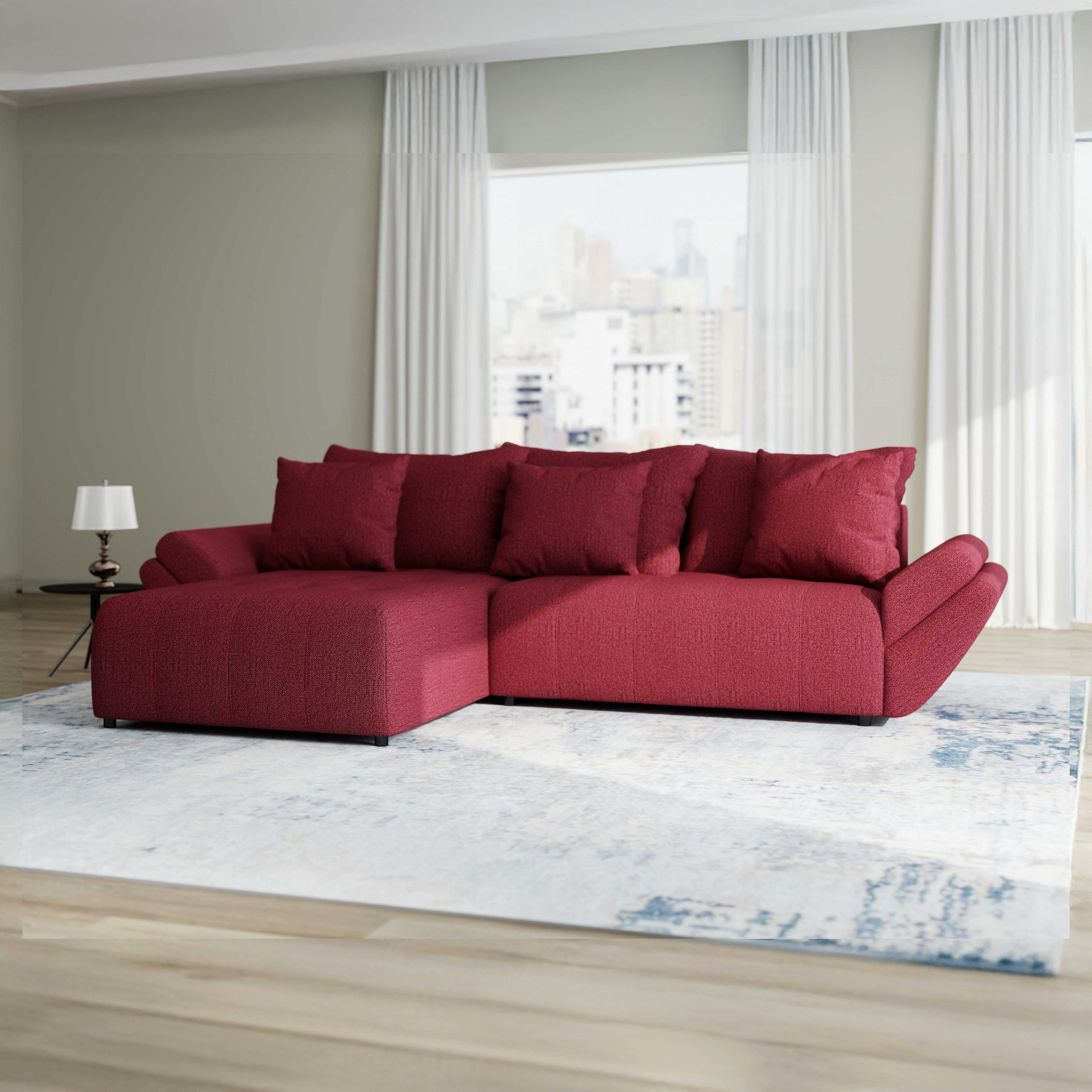 Colțar extensibil dumonde cu ladă de depozitare si sezut confortabil din spuma HR, Berlin Enjoy Rosu 280x185 cm