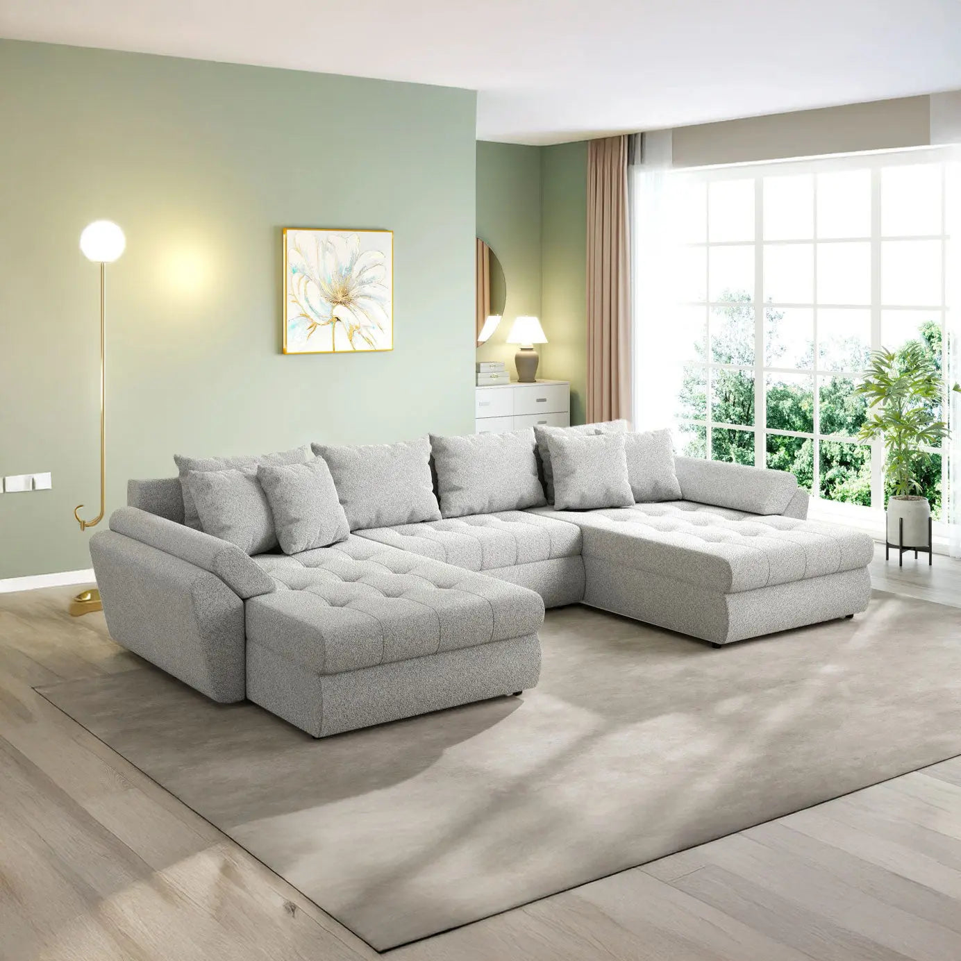 Colțar extensibil dumonde cu ladă de depozitare si sezut confortabil din spuma HR, Loana U Euphoria Dove 355x185 cm Fabrica