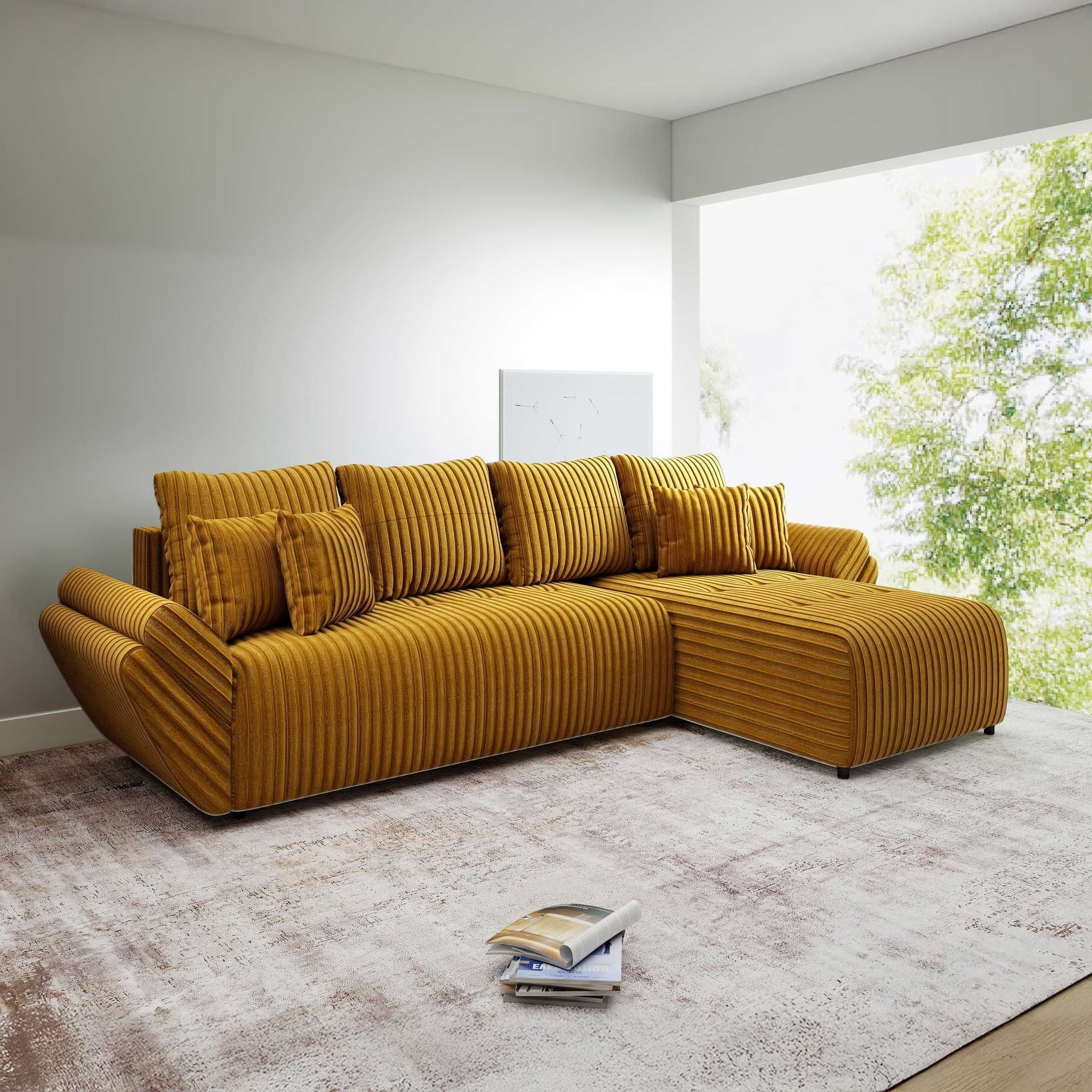 Colțar extensibil dumonde cu ladă de depozitare si sezut confortabil din spuma high-density, Berlin XL Ambience Mustar II 350x185 cm