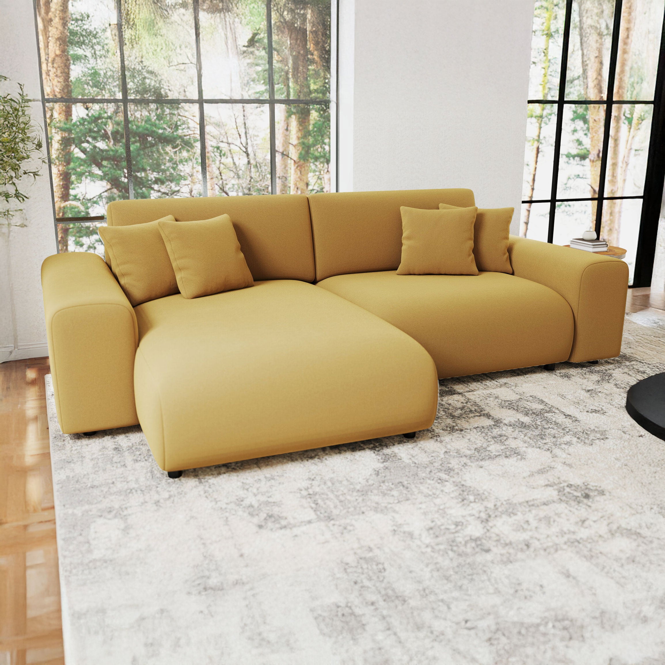 Colțar extensibil dumonde cu ladă de depozitare si sezut confortabil din spuma HR, Sarina Royal Mustar 255x168 cm