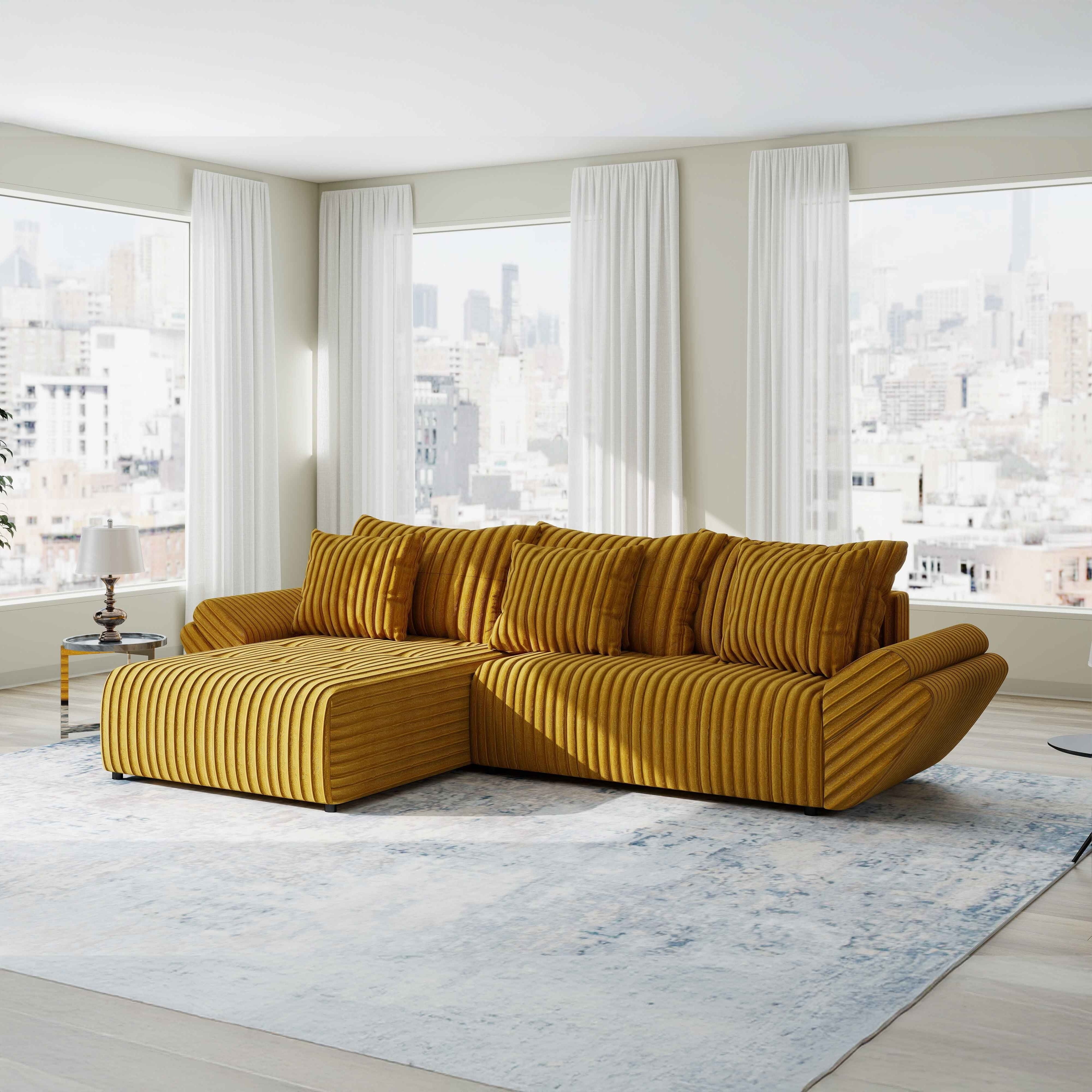 Colțar extensibil dumonde cu ladă de depozitare si sezut confortabil din spuma HR, Berlin Ambience Mustar 280x185 cm