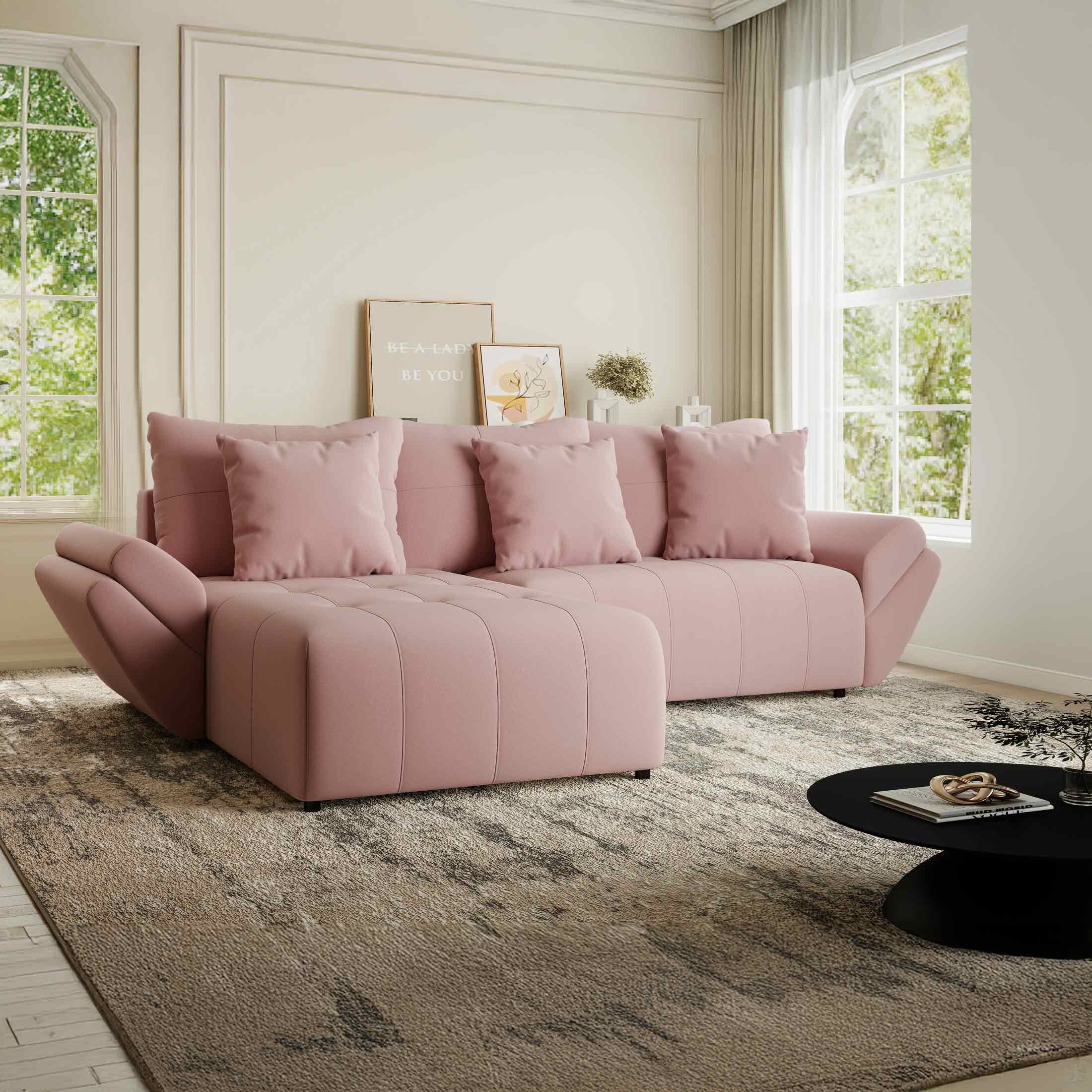 Colțar extensibil dumonde cu ladă de depozitare si sezut confortabil din spuma HR, Berlin Royal Roz 280x185 cm