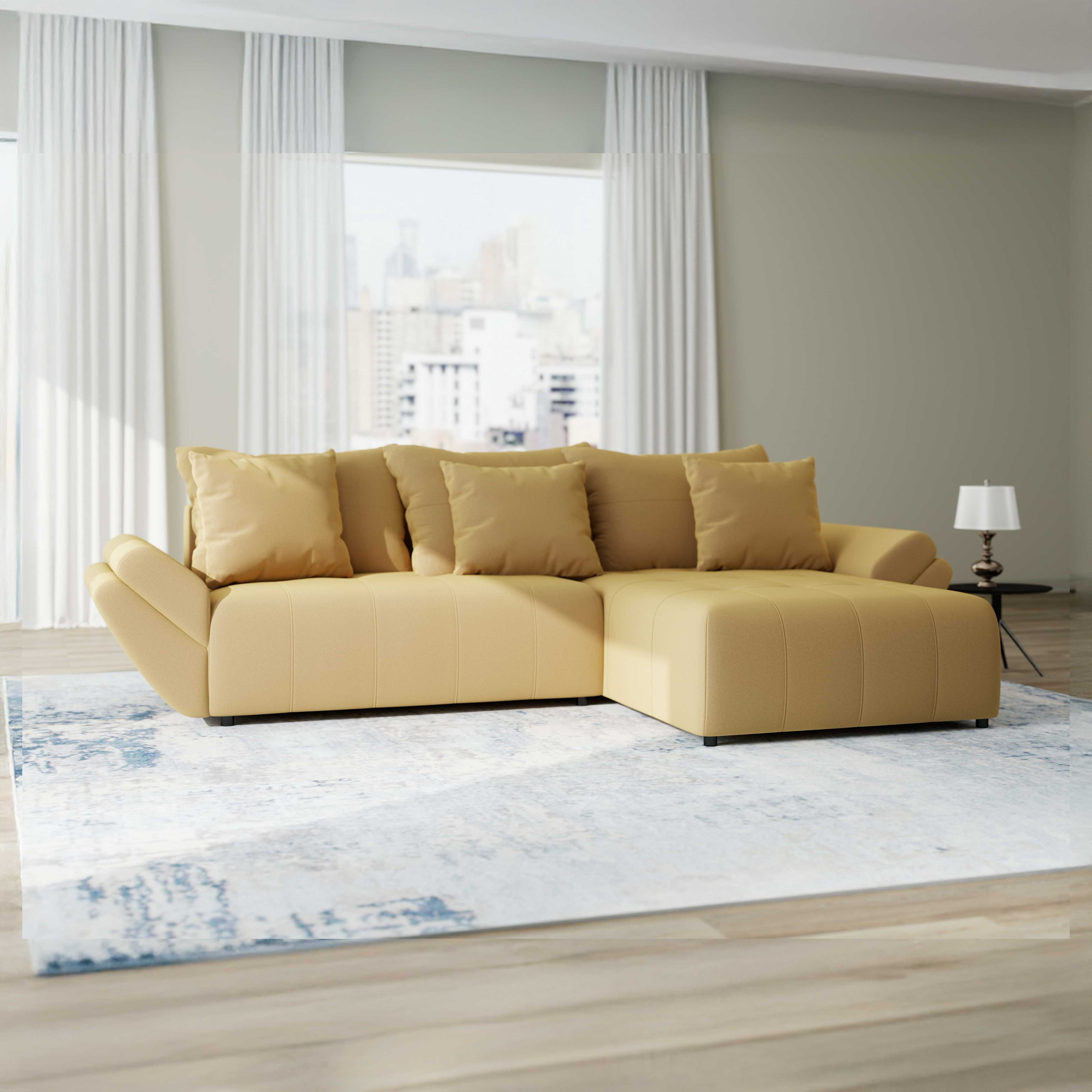 Colțar extensibil dumonde cu ladă de depozitare si sezut confortabil din spuma HR, Berlin Royal Galben Mustar 280x185 cm II