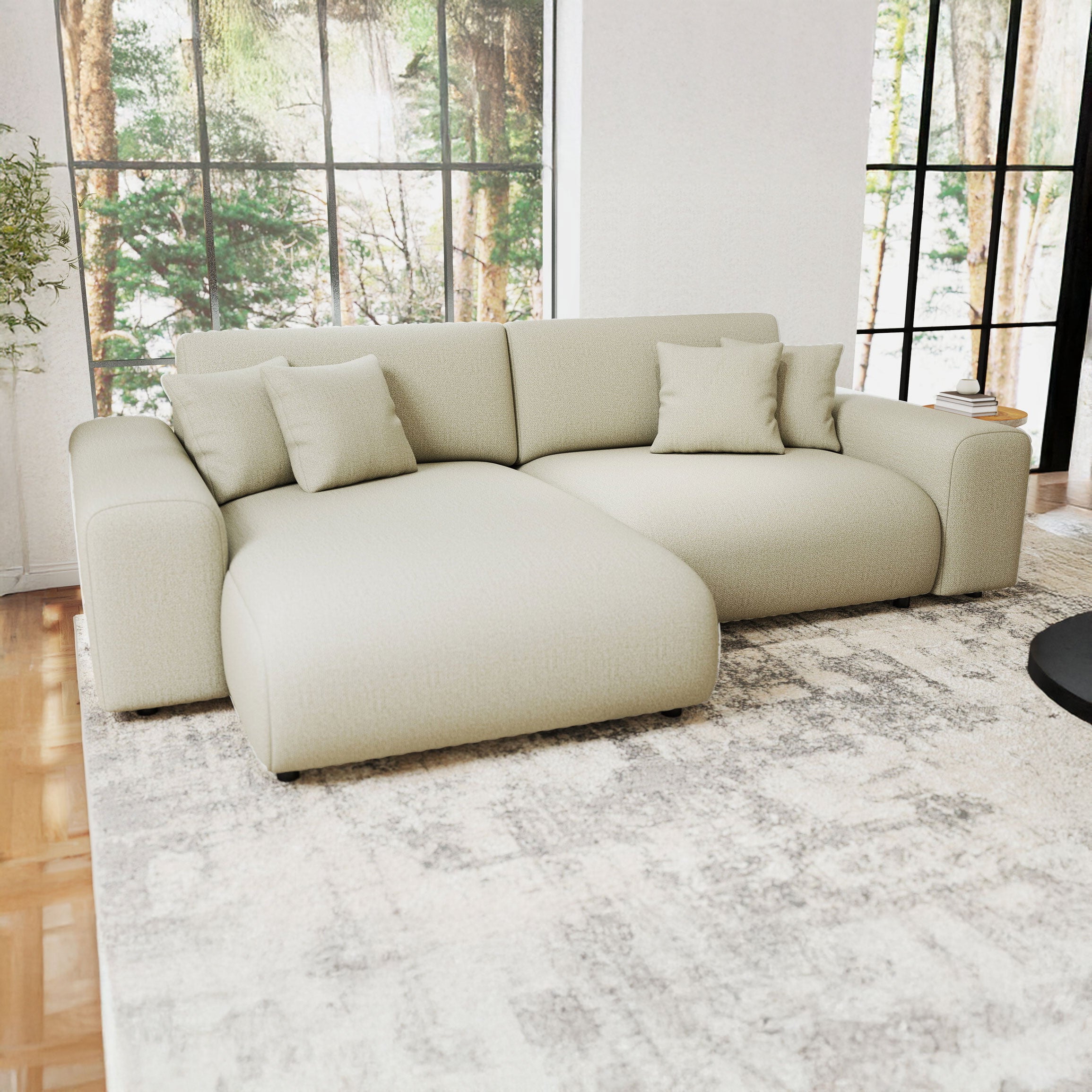 Colțar extensibil dumonde cu ladă de depozitare si sezut confortabil din spuma HR, Sarina Enjoy Bej 255x168 cm