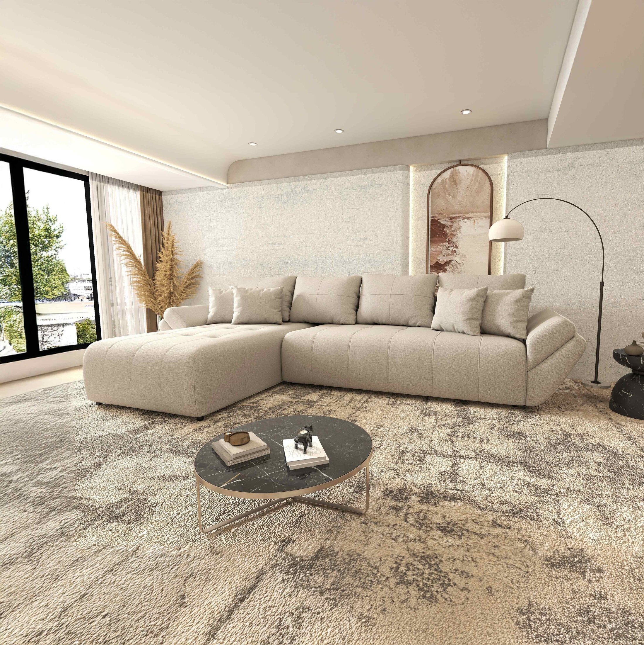 Colțar extensibil dumonde cu ladă de depozitare si sezut confortabil din spuma HR, Berlin XL Enjoy Beige 350x185 cm