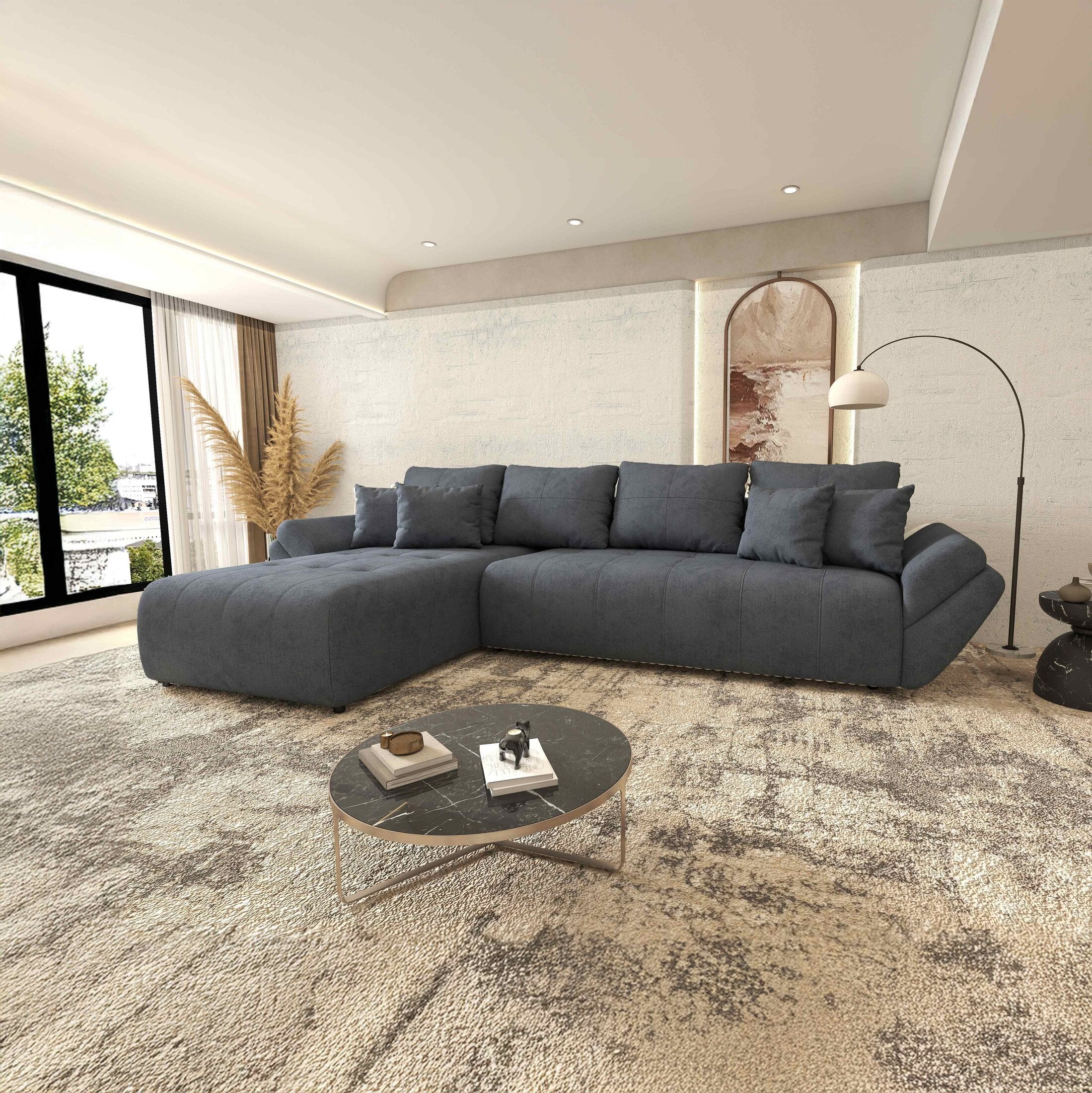 Colțar extensibil dumonde cu ladă de depozitare si sezut confortabil din spuma HR, Berlin XL Enjoy Antracit 350x185 cm