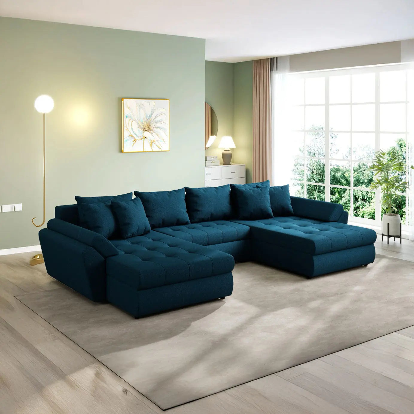 Colțar extensibil dumonde cu ladă de depozitare si sezut confortabil din spuma HR, Loana U Enjoy Petrol 355x185 cm Fabrica