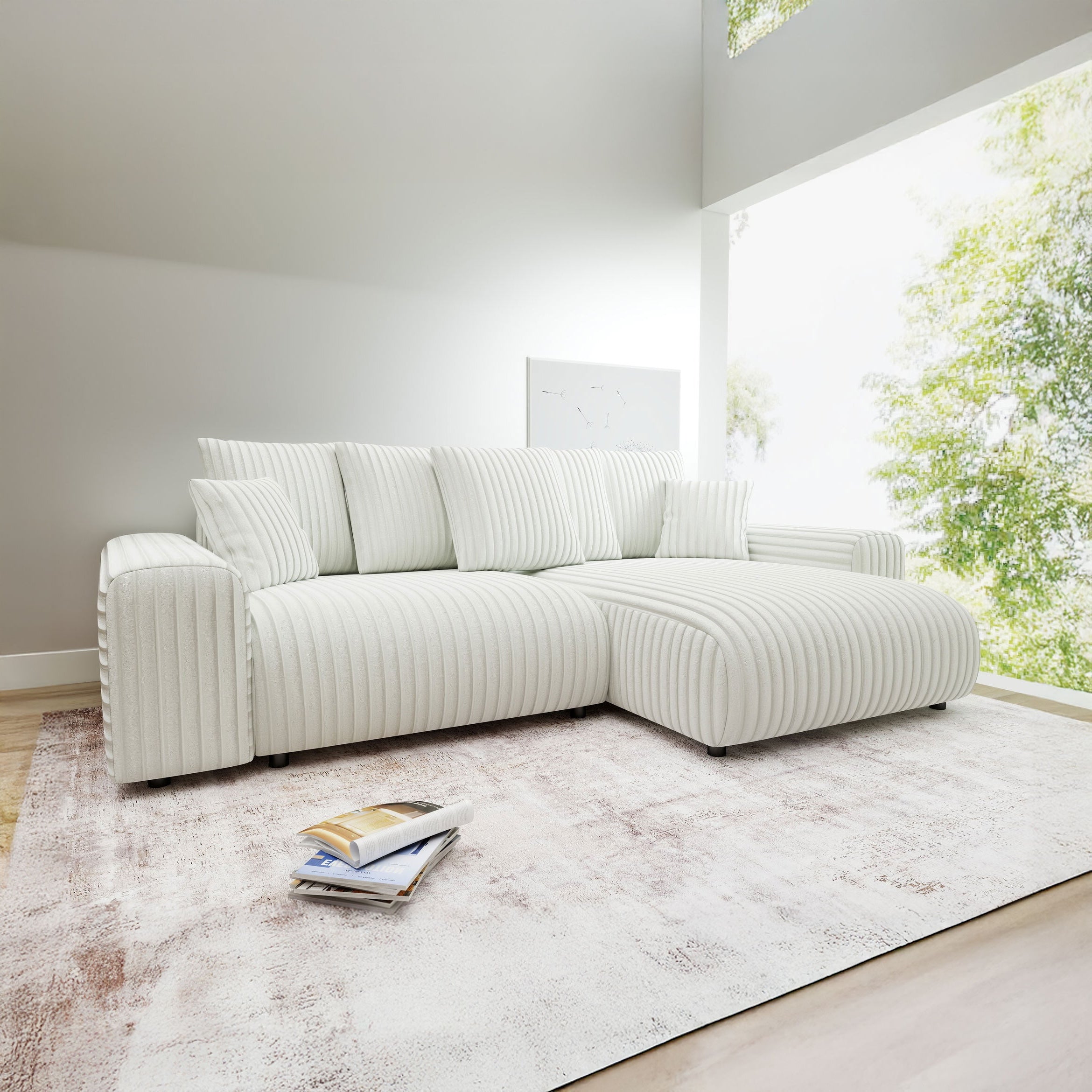 Colțar extensibil dumonde cu ladă de depozitare și șezut confortabil din spumă HR, Luma Ambience Alb 255x168 cm II