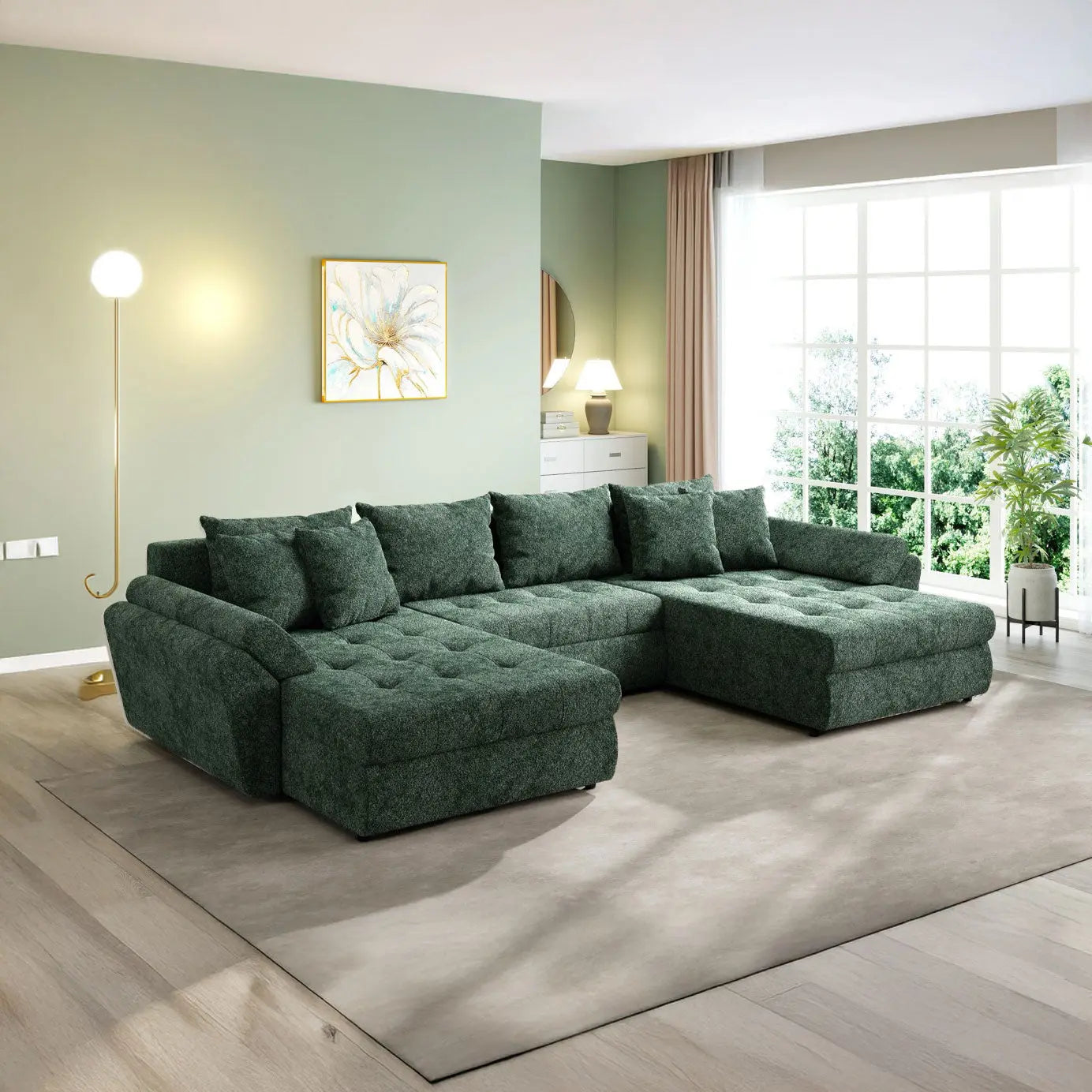 Colțar extensibil dumonde cu ladă de depozitare si sezut confortabil din spuma HR, Loana U Euphoria Green 355x185 cm Fabrica