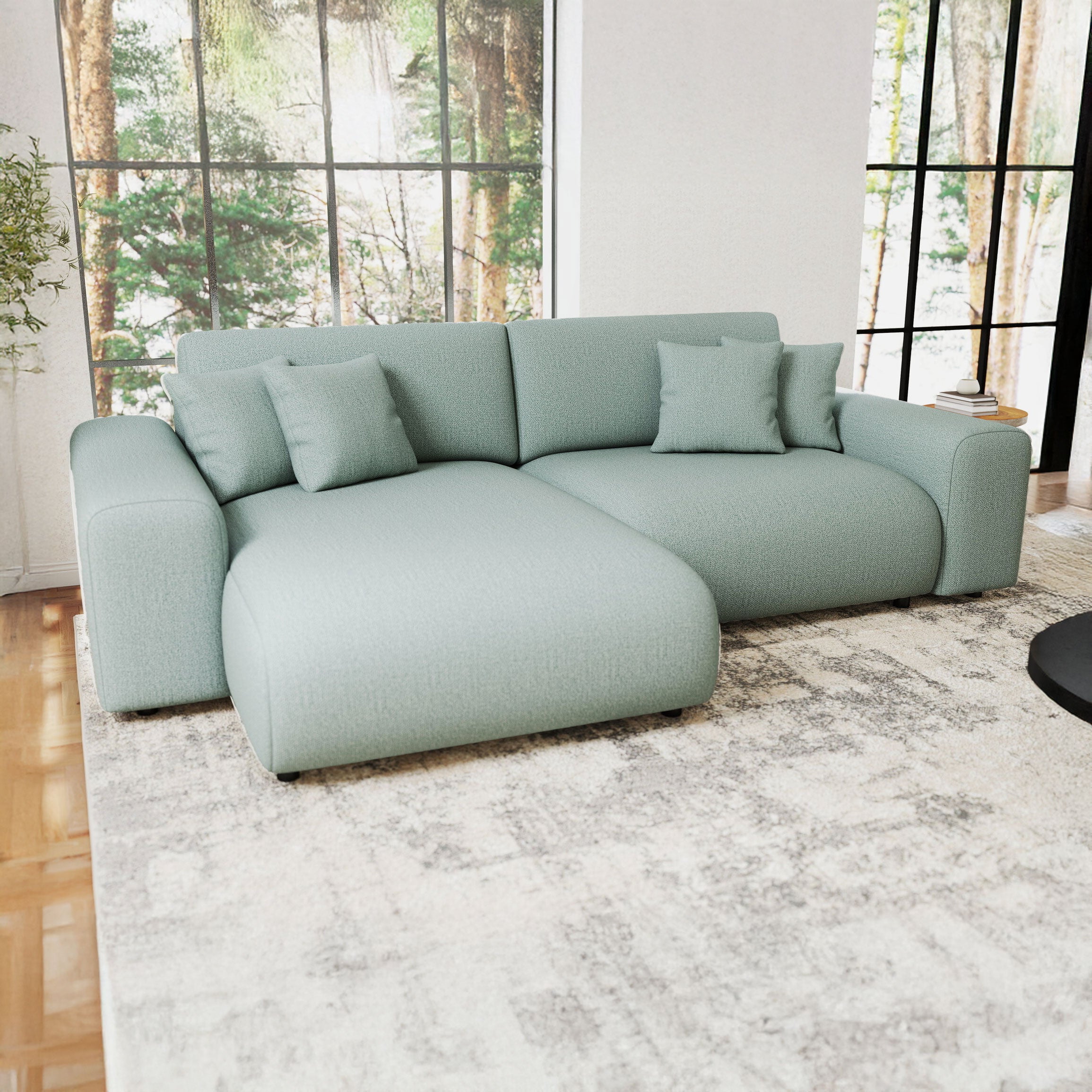 Colțar extensibil dumonde cu ladă de depozitare si sezut confortabil din spuma HR, Sarina Enjoy Verde Mint 255x168 cm