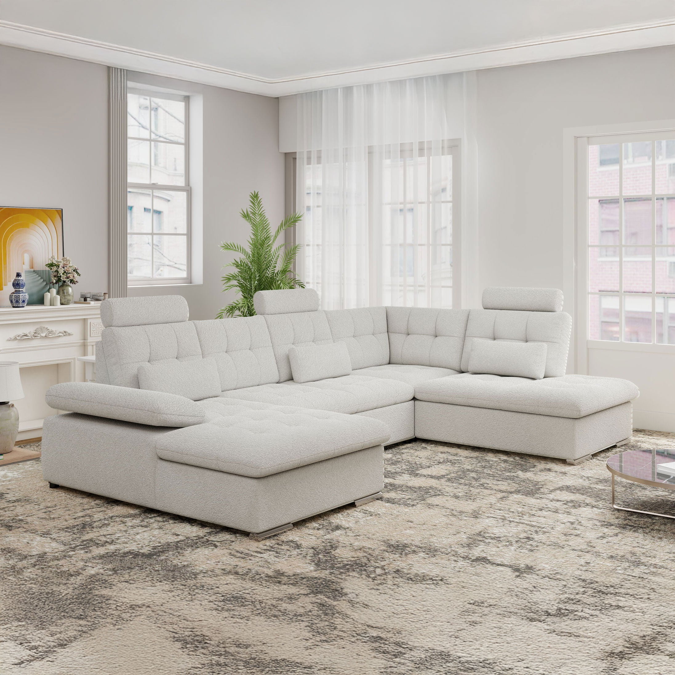 Colțar extensibil dumonde cu ladă de depozitare și șezut confortabil din spumă HR, Merkur U Euphoria Alb 324x218 cm