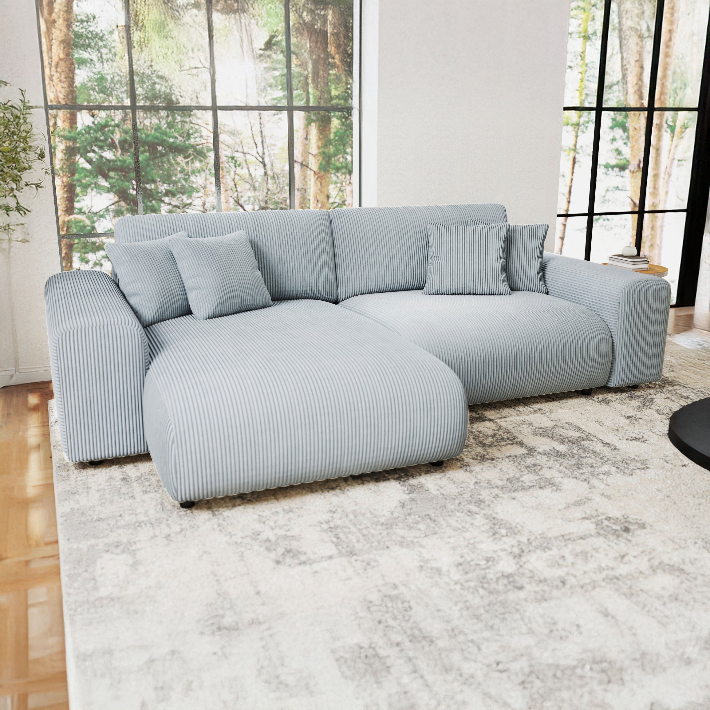 Colțar extensibil dumonde cu ladă de depozitare si sezut confortabil din spuma HR, Sarina Zoom Gri Mint 255x168 cm