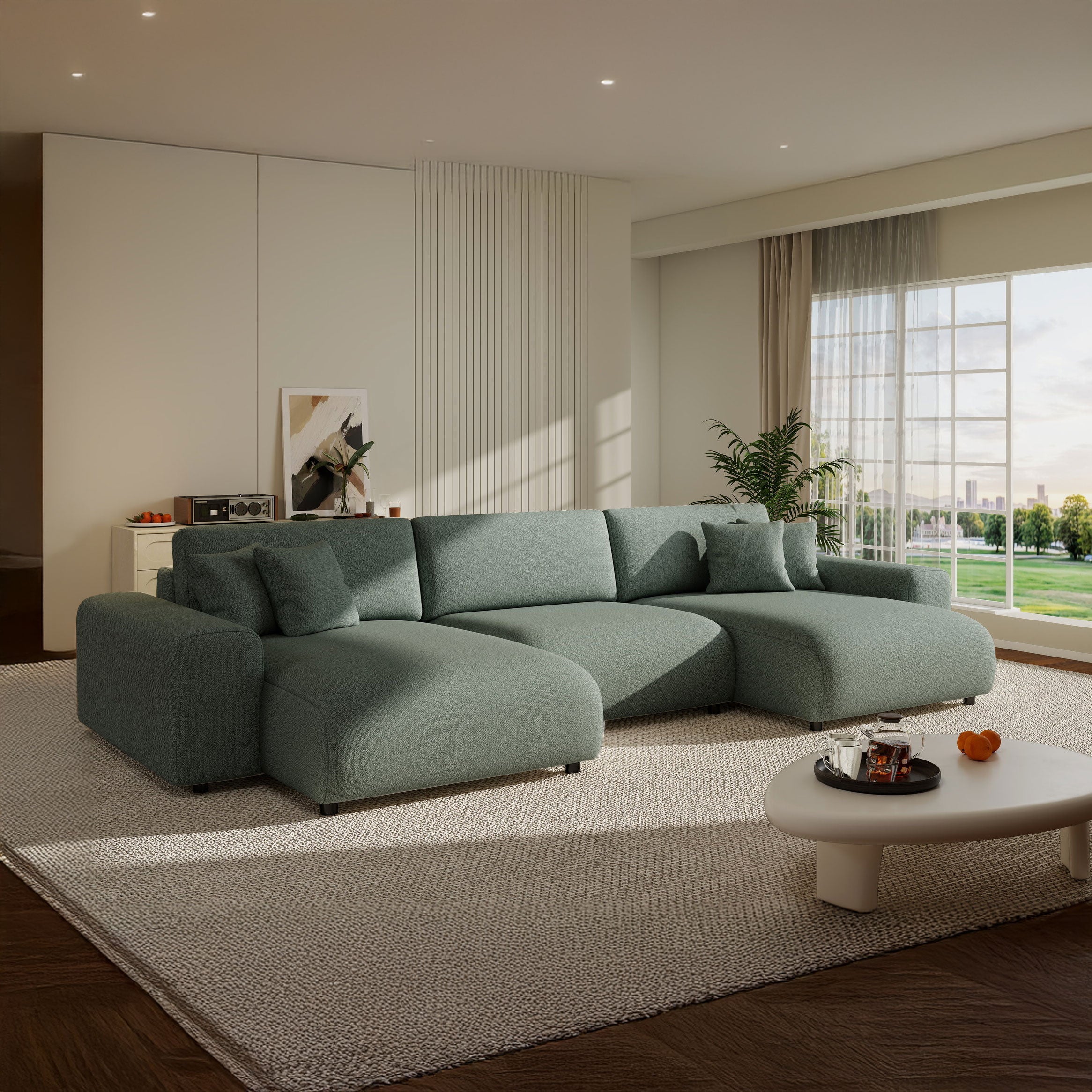 Colțar extensibil dumonde cu ladă de depozitare si sezut confortabil din spuma HR, Sarina U Enjoy Verde Mint 350x168 cm