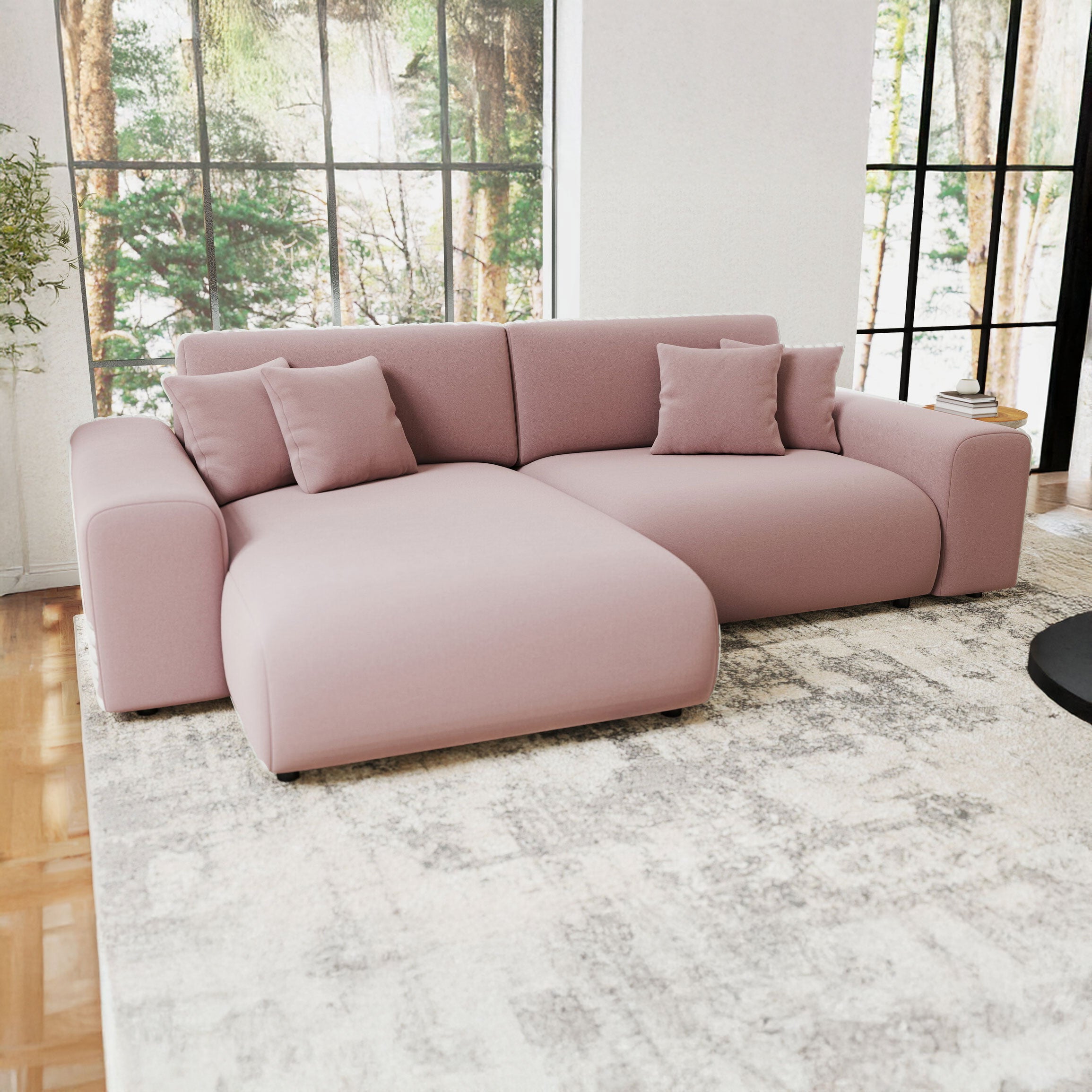 Colțar extensibil dumonde cu ladă de depozitare si sezut confortabil din spuma HR, Sarina Royal Roz 255x168 cm