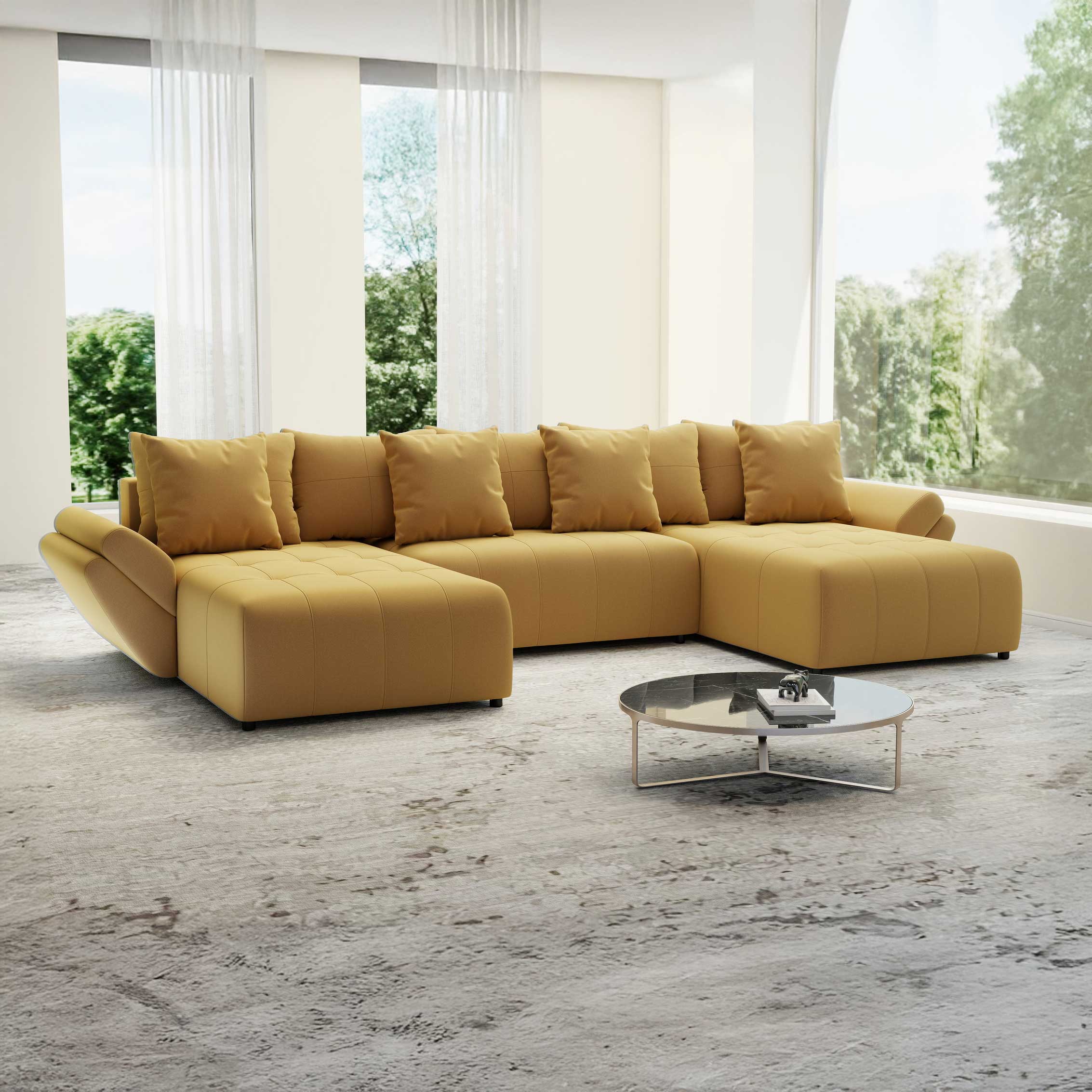 Colțar extensibil dumonde cu ladă de depozitare si sezut confortabil din spuma HR, Berlin U Royal Mustar 380x180 cm