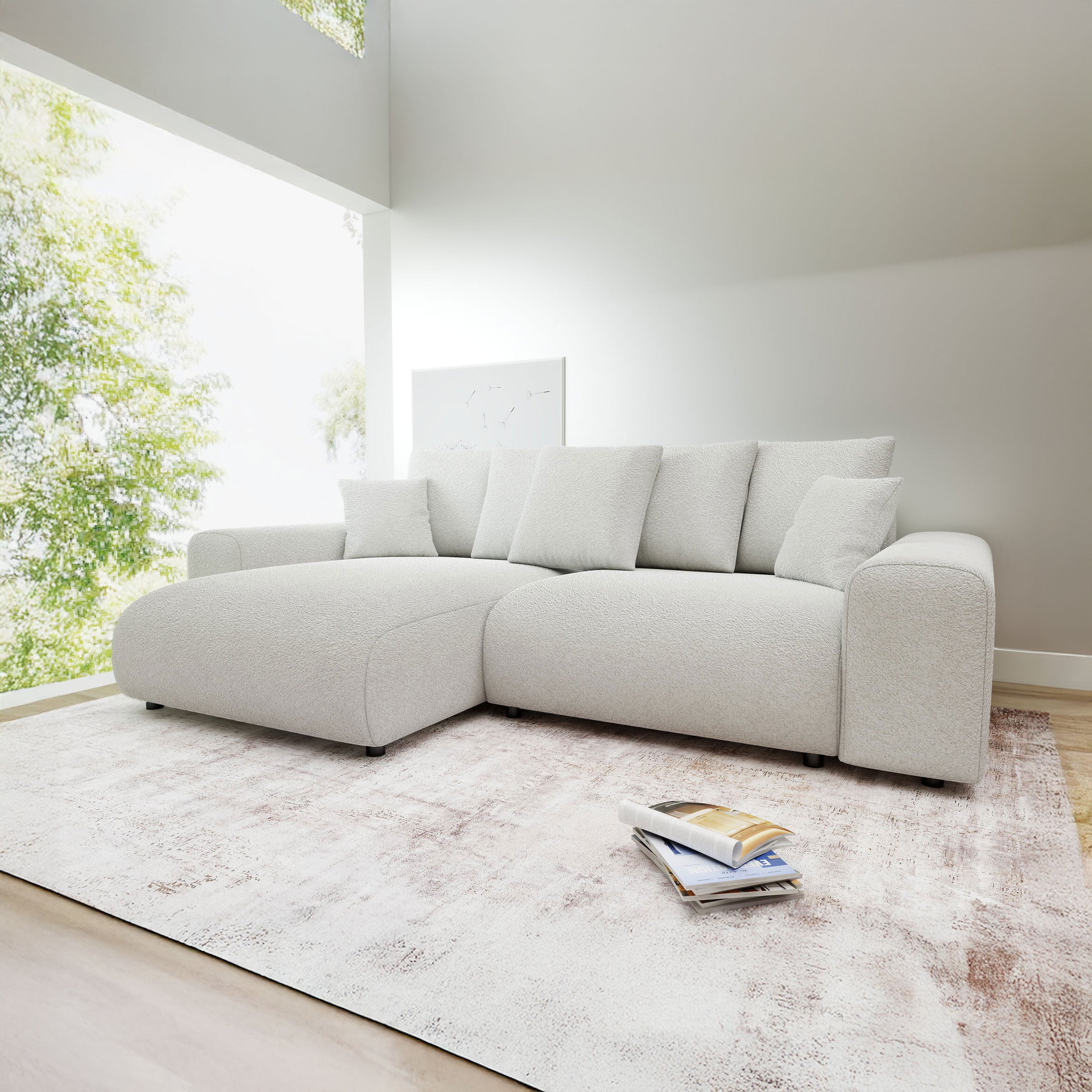 Colțar extensibil dumonde cu ladă de depozitare și șezut confortabil din spumă HR, Luma Euphoria Alb 255x168 cm