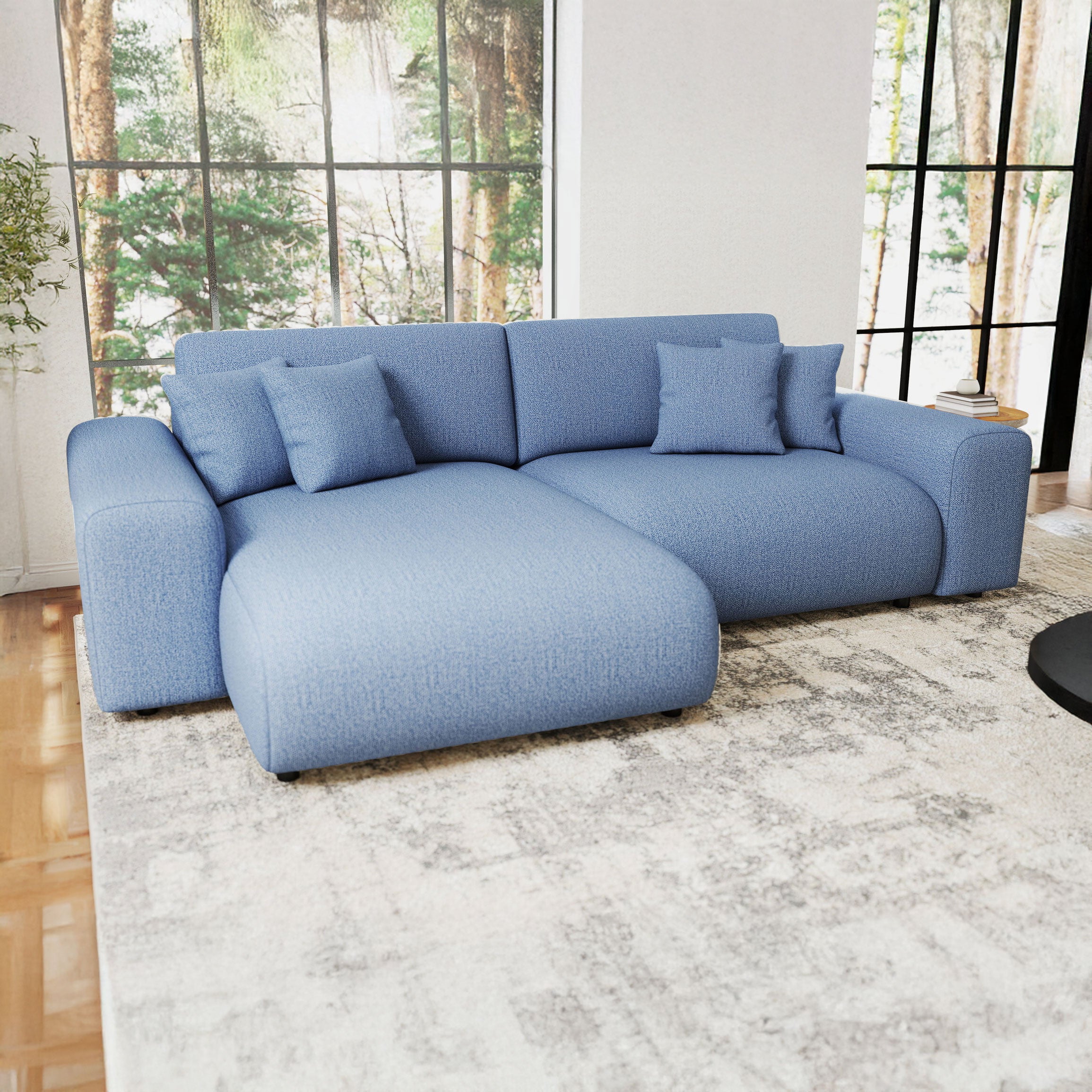 Colțar extensibil dumonde cu ladă de depozitare si sezut confortabil din spuma HR, Sarina Enjoy Albastru 255x168 cm