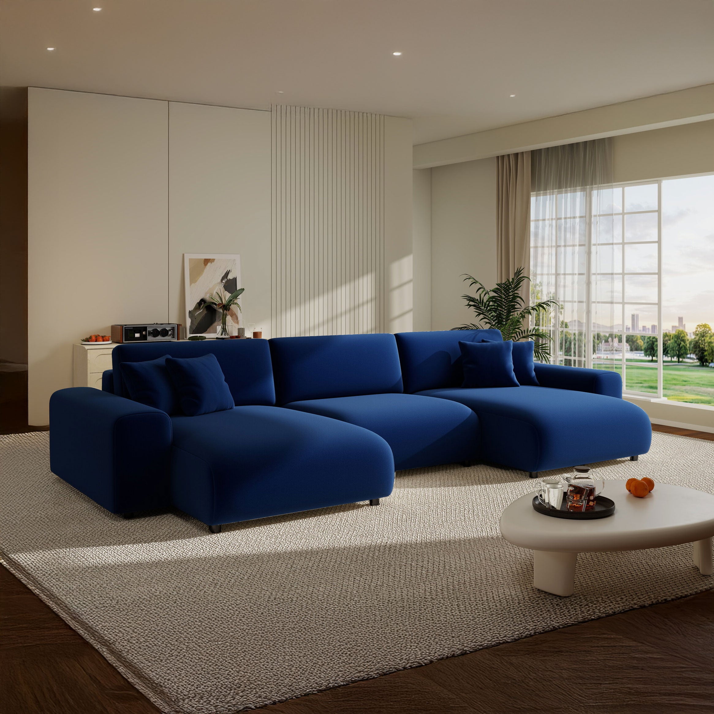 Colțar extensibil dumonde cu ladă de depozitare si sezut confortabil din spuma HR, Sarina U Royal Albastru Navy 350x168 cm