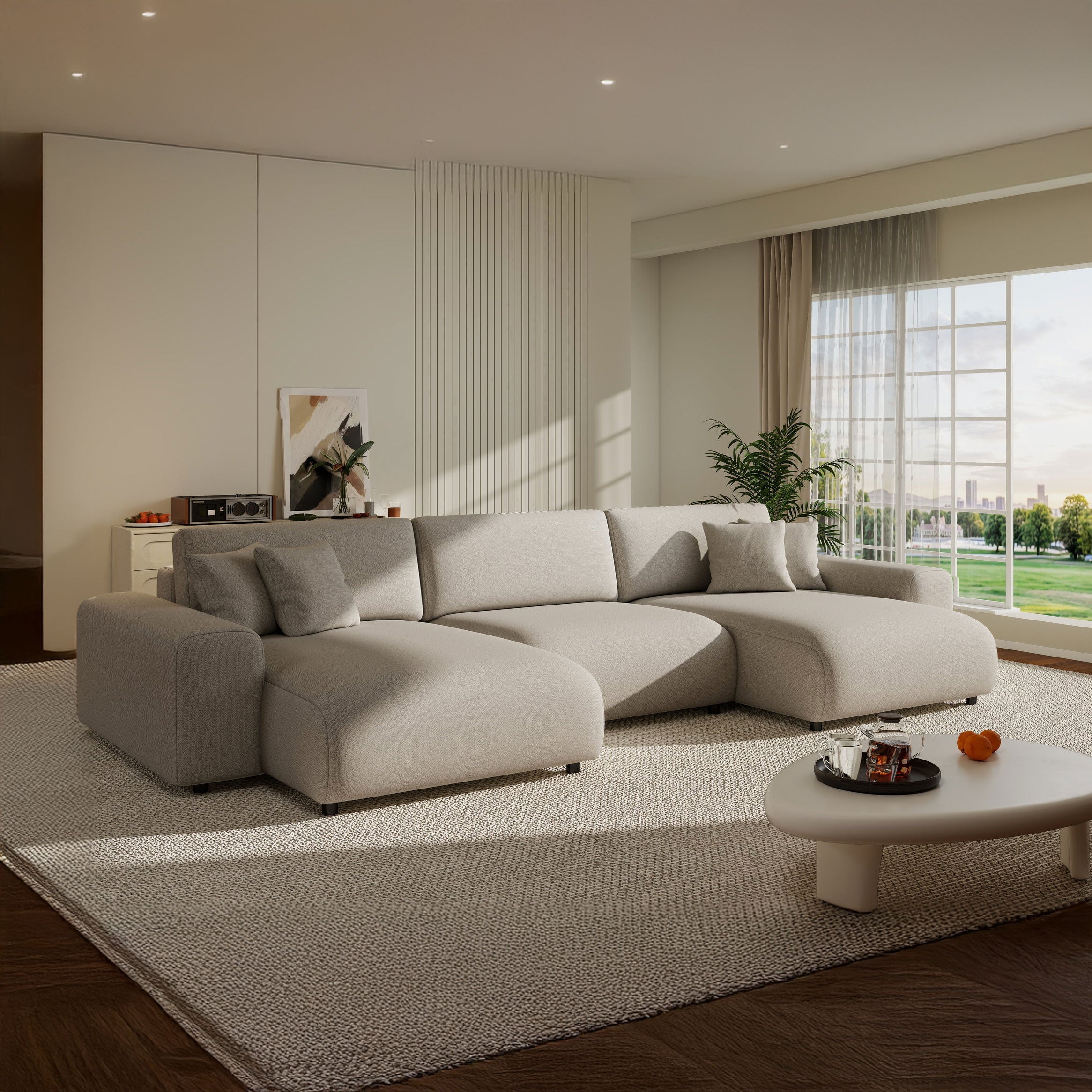 Colțar extensibil dumonde cu ladă de depozitare si sezut confortabil din spuma HR, Sarina U Enjoy Bej 350x168 cm