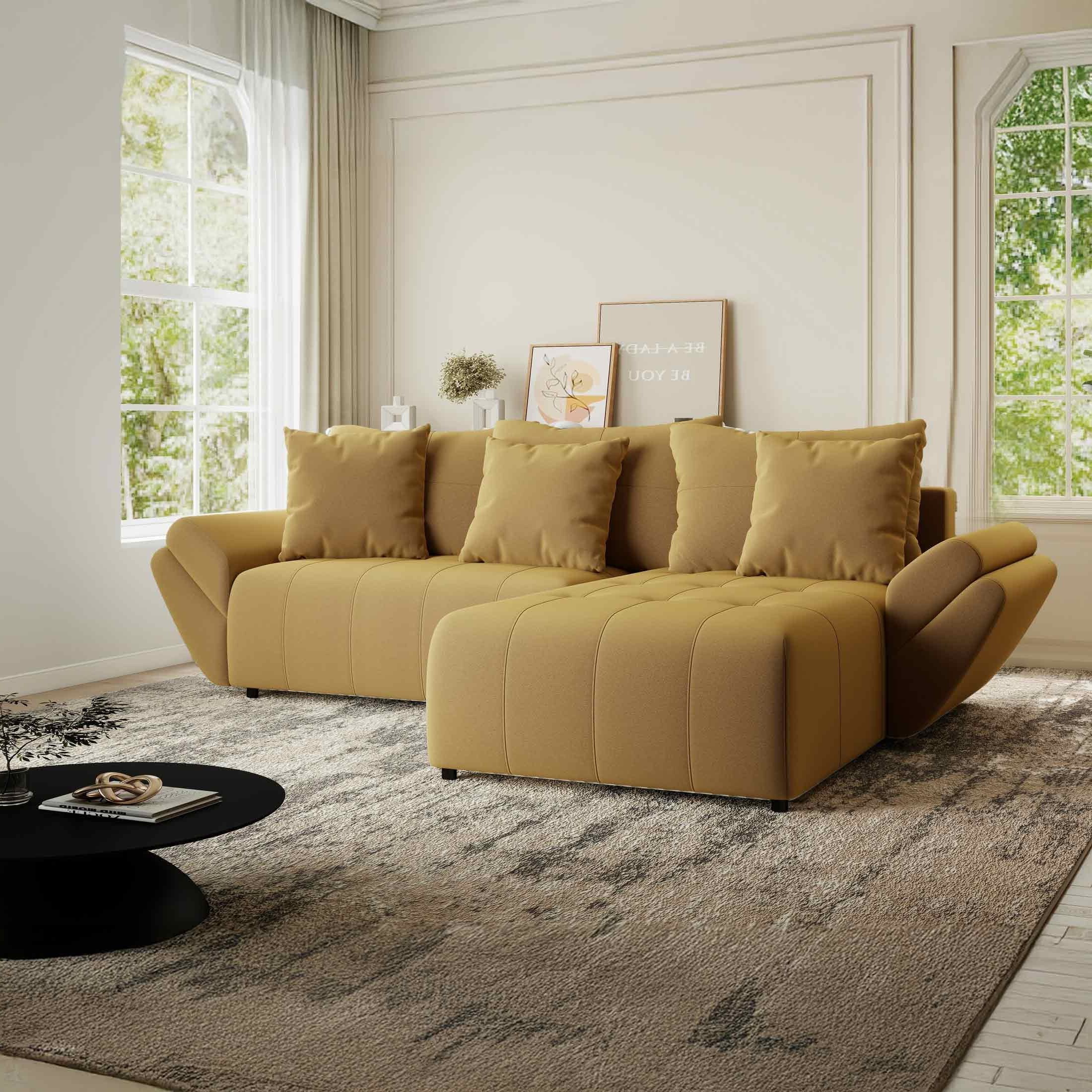 Colțar extensibil dumonde cu ladă de depozitare si sezut confortabil din spuma HR, Berlin Royal Galben Mustar 280x185 cm II