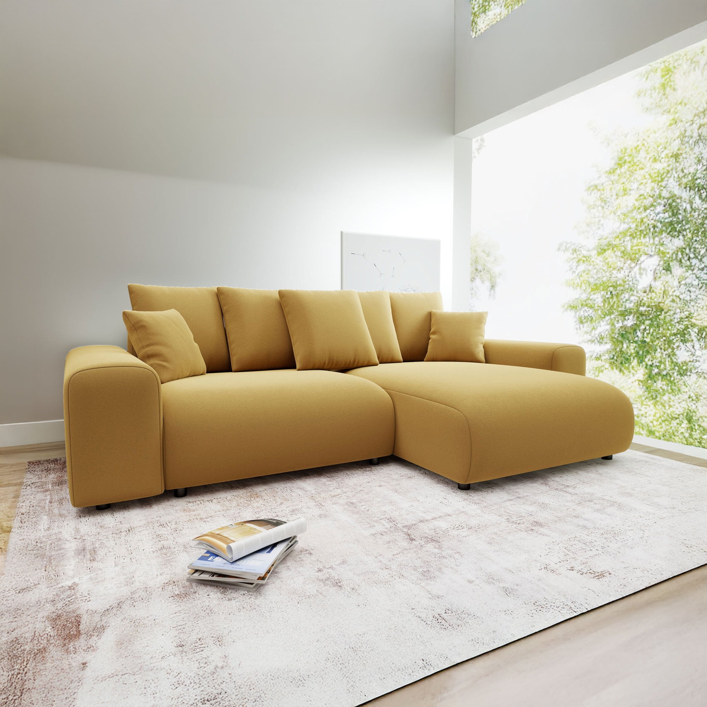 Colțar extensibil dumonde cu ladă de depozitare și șezut confortabil din spumă HR, Luma Royal Mustar 255x168 cm II