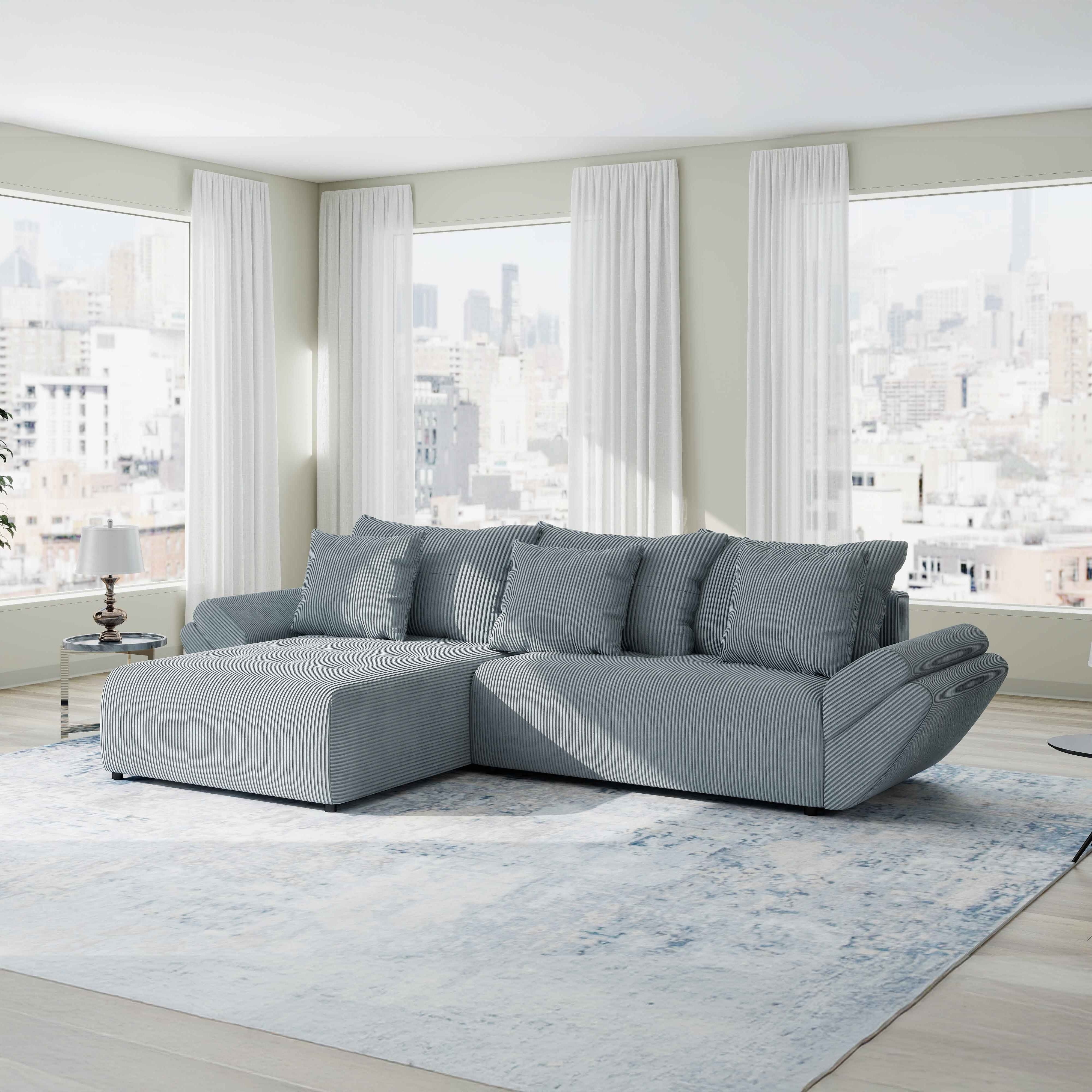 Colțar extensibil dumonde cu ladă de depozitare si sezut confortabil din spuma HR, Berlin Zoom Gri Mint 280x185 cm